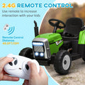 Aosom 12V Ride On Tractor With Trailer, 25W Dual Motors, Battery Powered Electric Tractor With Remote Control, Music Startup Sound And Horn, Led Lights, Green Green Plastic