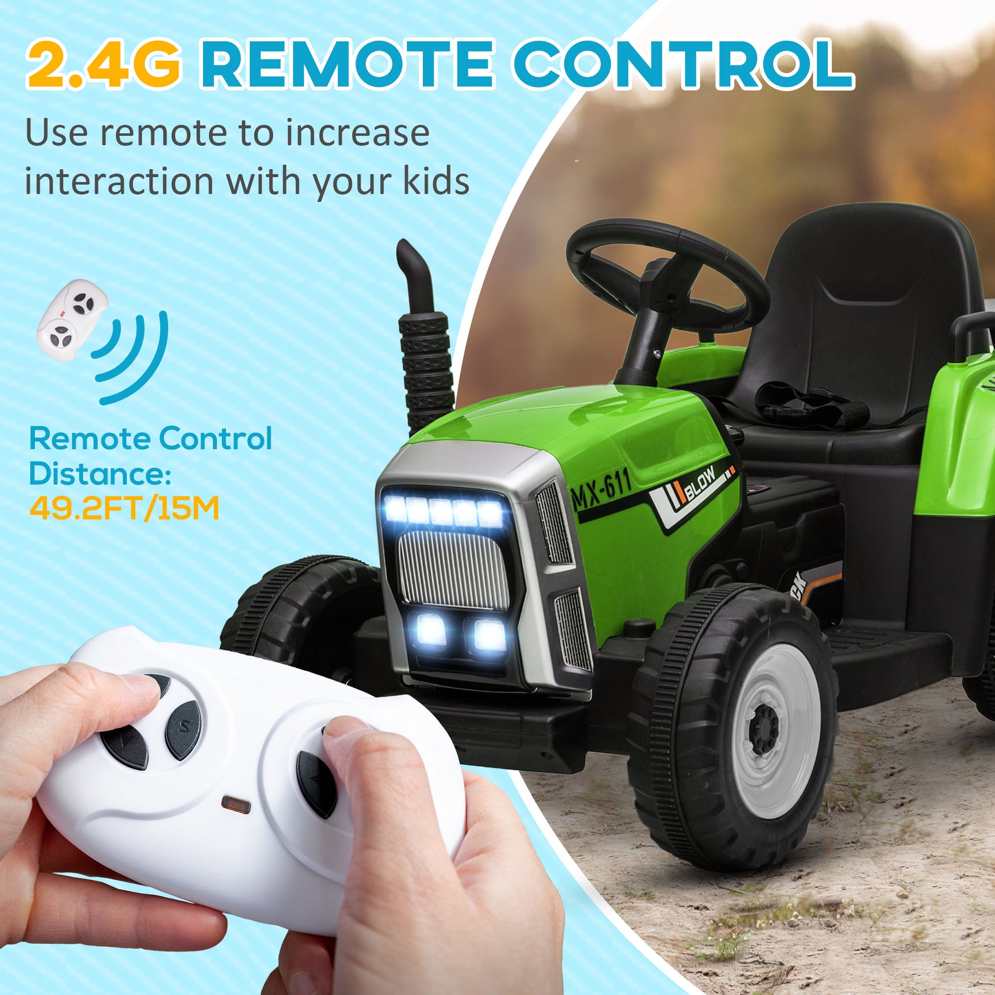 Aosom 12V Ride On Tractor With Trailer, 25W Dual Motors, Battery Powered Electric Tractor With Remote Control, Music Startup Sound And Horn, Led Lights, Green Green Plastic