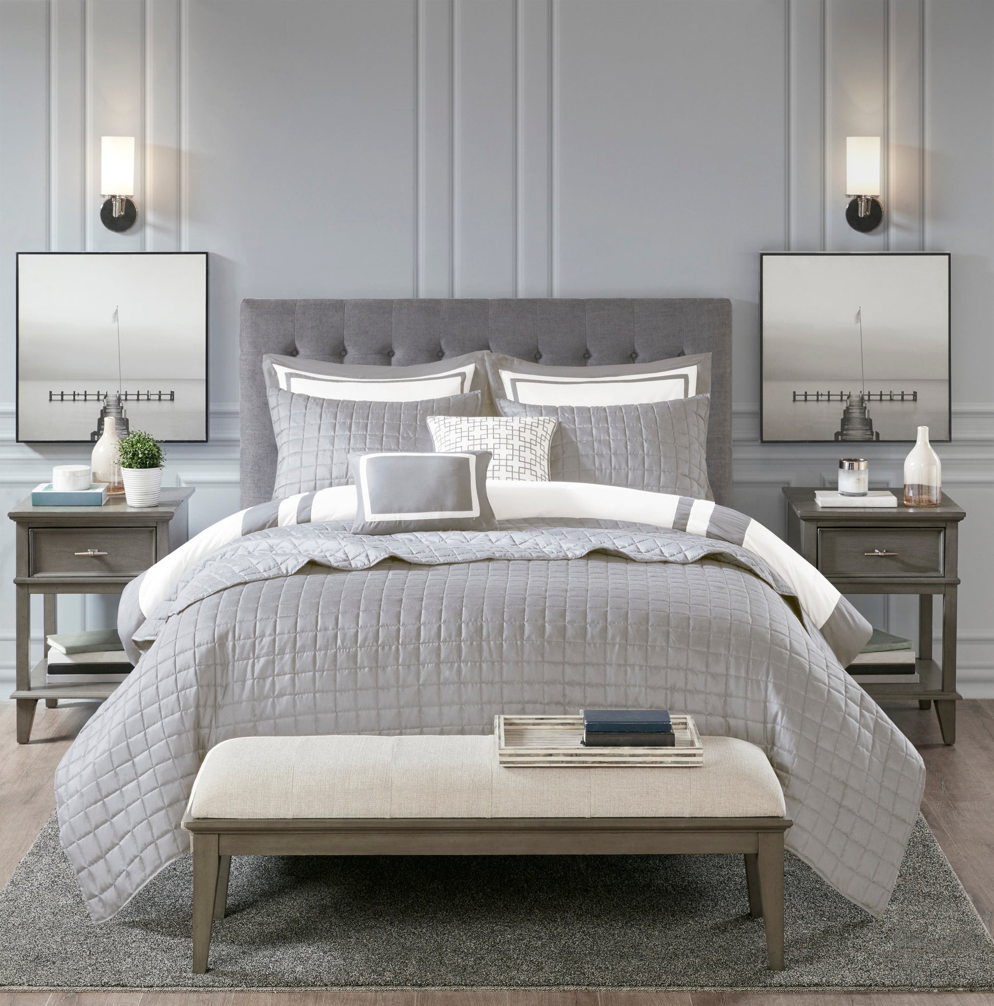 8 Piece Comforter And Quilt Set Collection Grey Full Queen Full Grey Polyester
