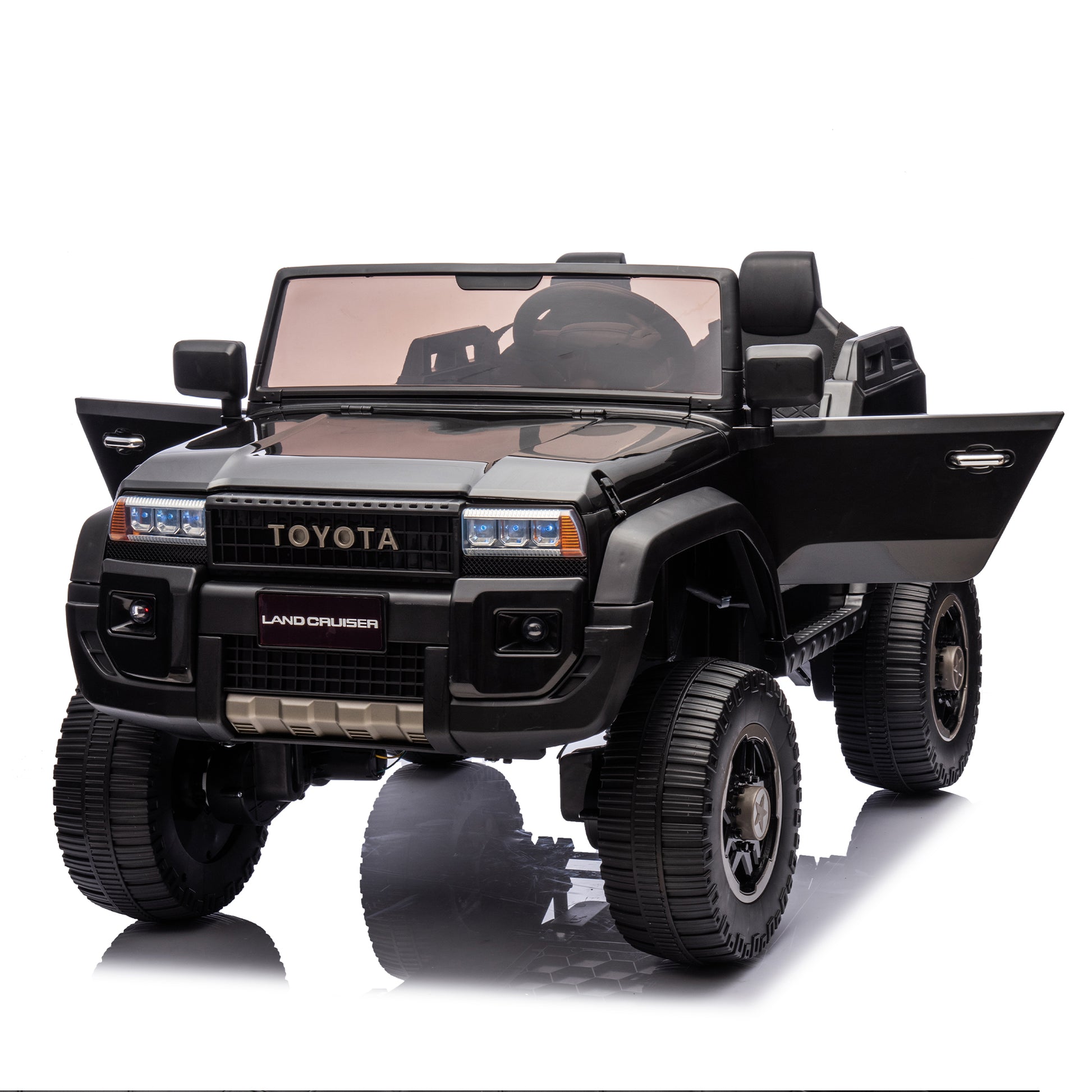 24V Two Seater Kids Ride On Car W Parents Remote Control, Licensed Toyota Lc250,2Wd,110W Motors,With Shovel,Three Point Seat Belt,Slow Start,Speed Adjustment,Bluetooth,Music For Kids Aged 3 . Black 100 149 Lbs Polypropylene