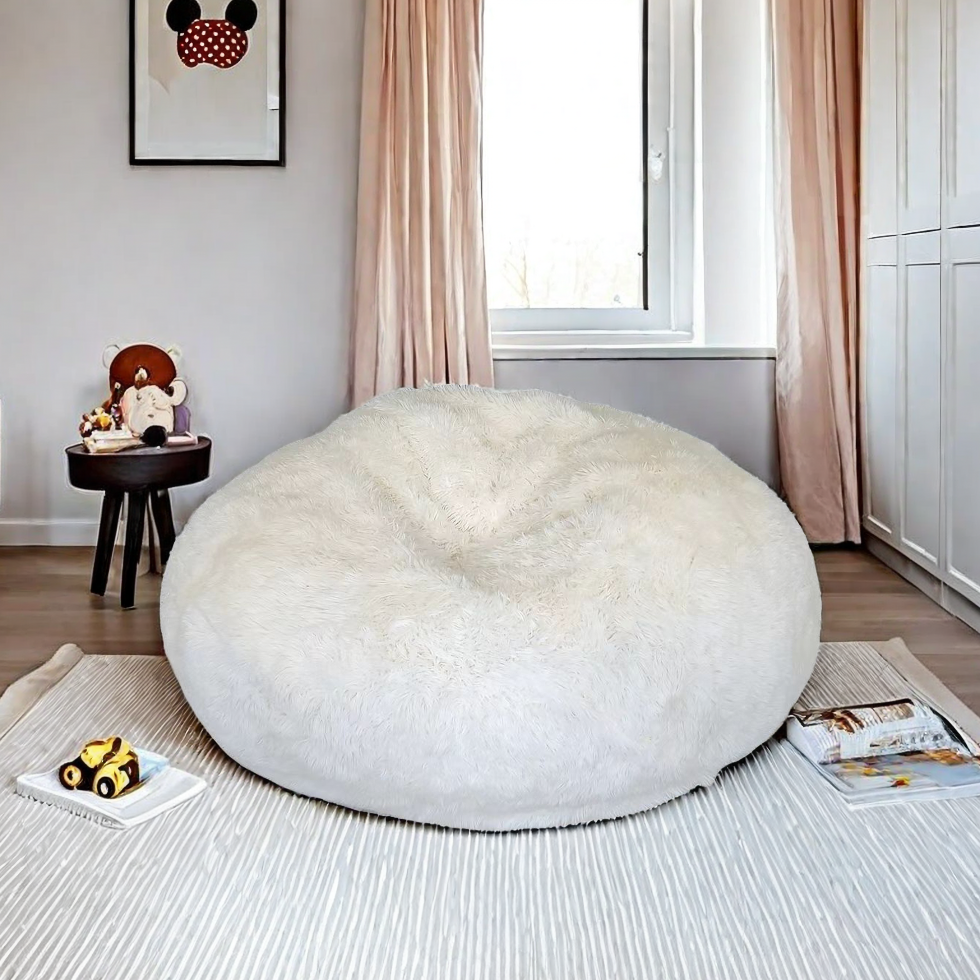 3 Ft Bean Bag Chairs For Adults Teens With Filling, Medium Bean Bag Sofa With Shredded Foam, Furniture Bag With Plush Fur Cover, Ivory White, 3 Foot White Plush