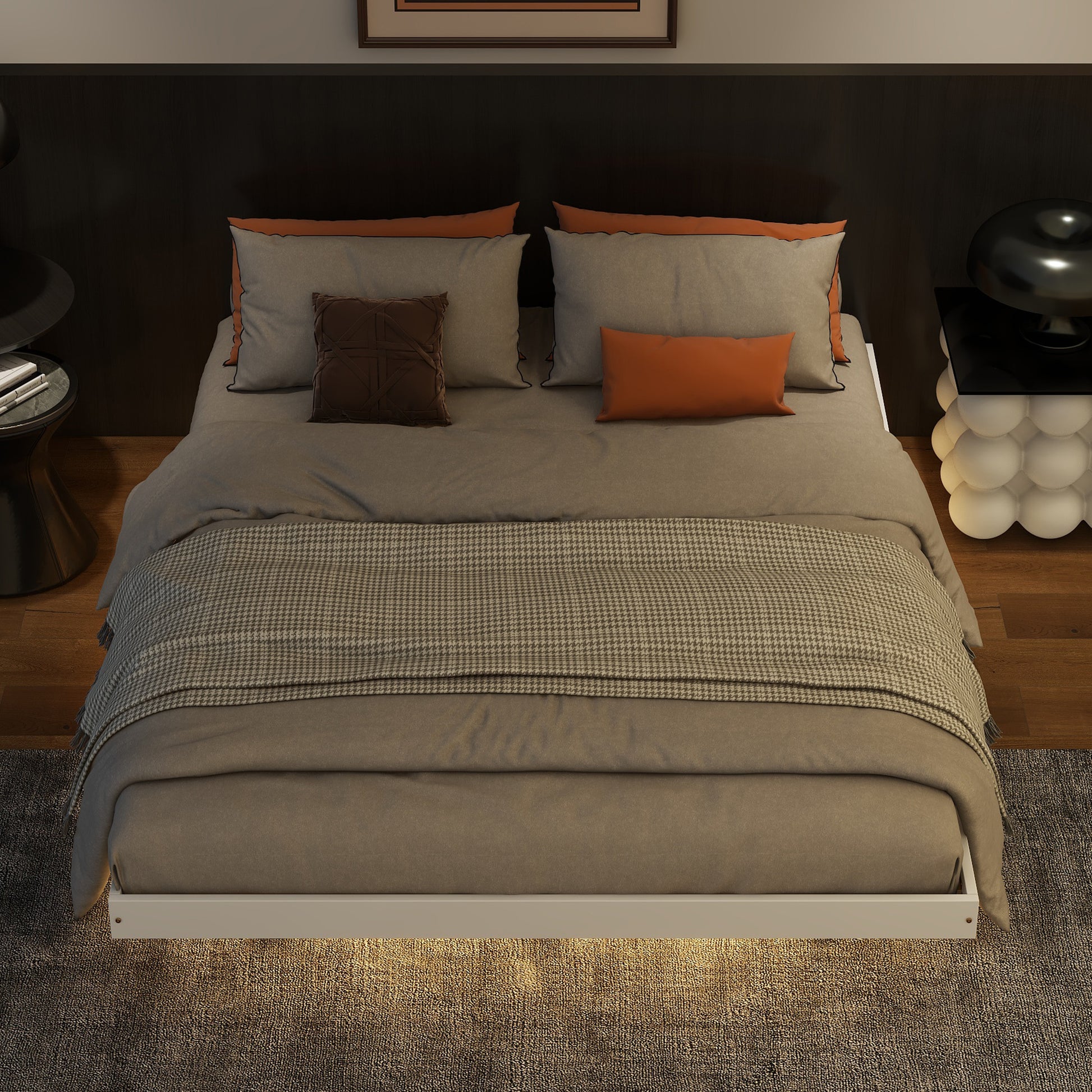 Queen Size Floating Bed With Led Lights Underneath,Modern Queen Size Low Profile Platform Bed With Led Lights,White Queen White Wood Bedroom American Design Pine Bed Frame Pine