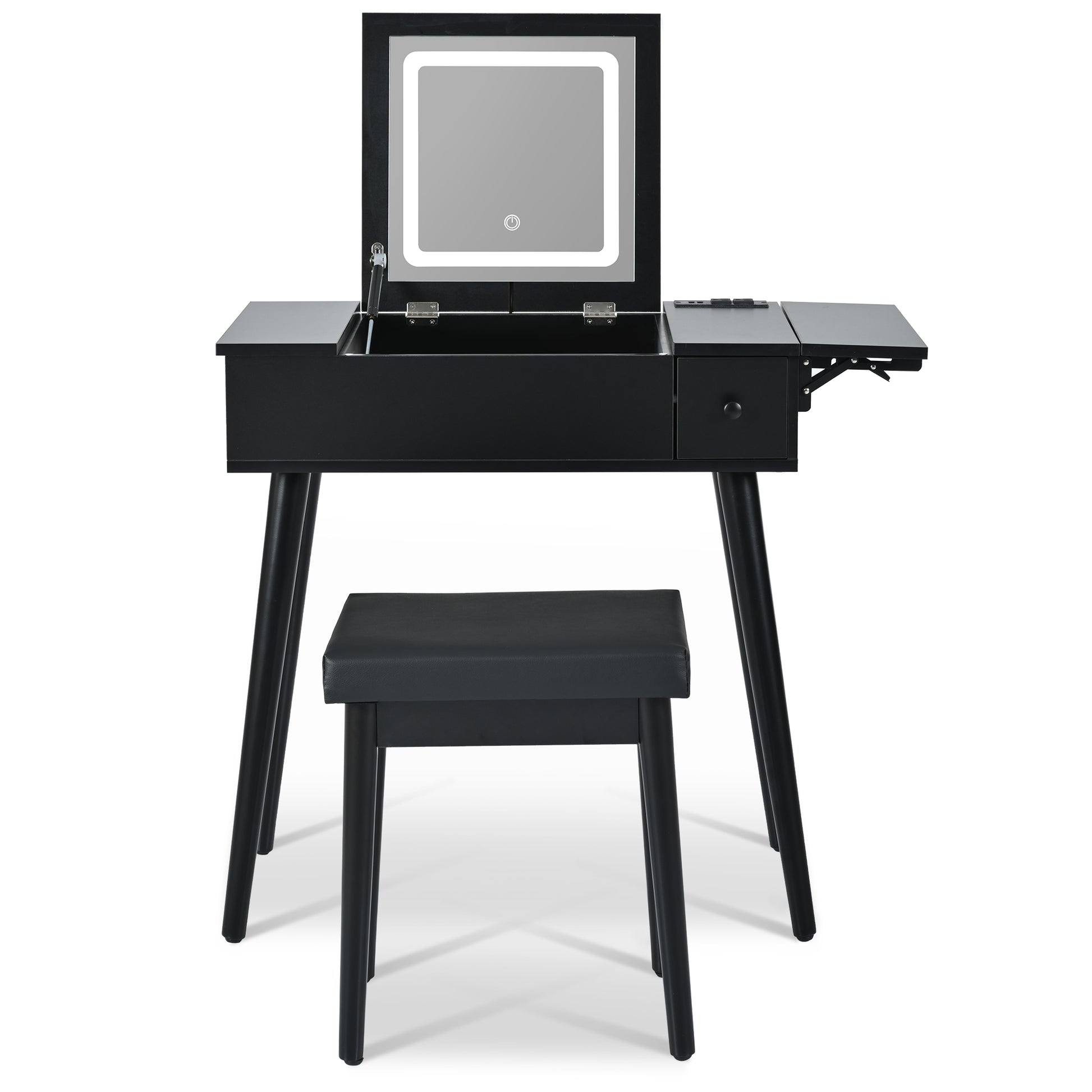27.9'' Black Makeup Vanity Desk With Flip Top Mirror And Led Light, Dressing Table With Charging Station, 2 Drawers And Fold Up Panel, Vanity Set With Cushioned Stool For Bedroom Black