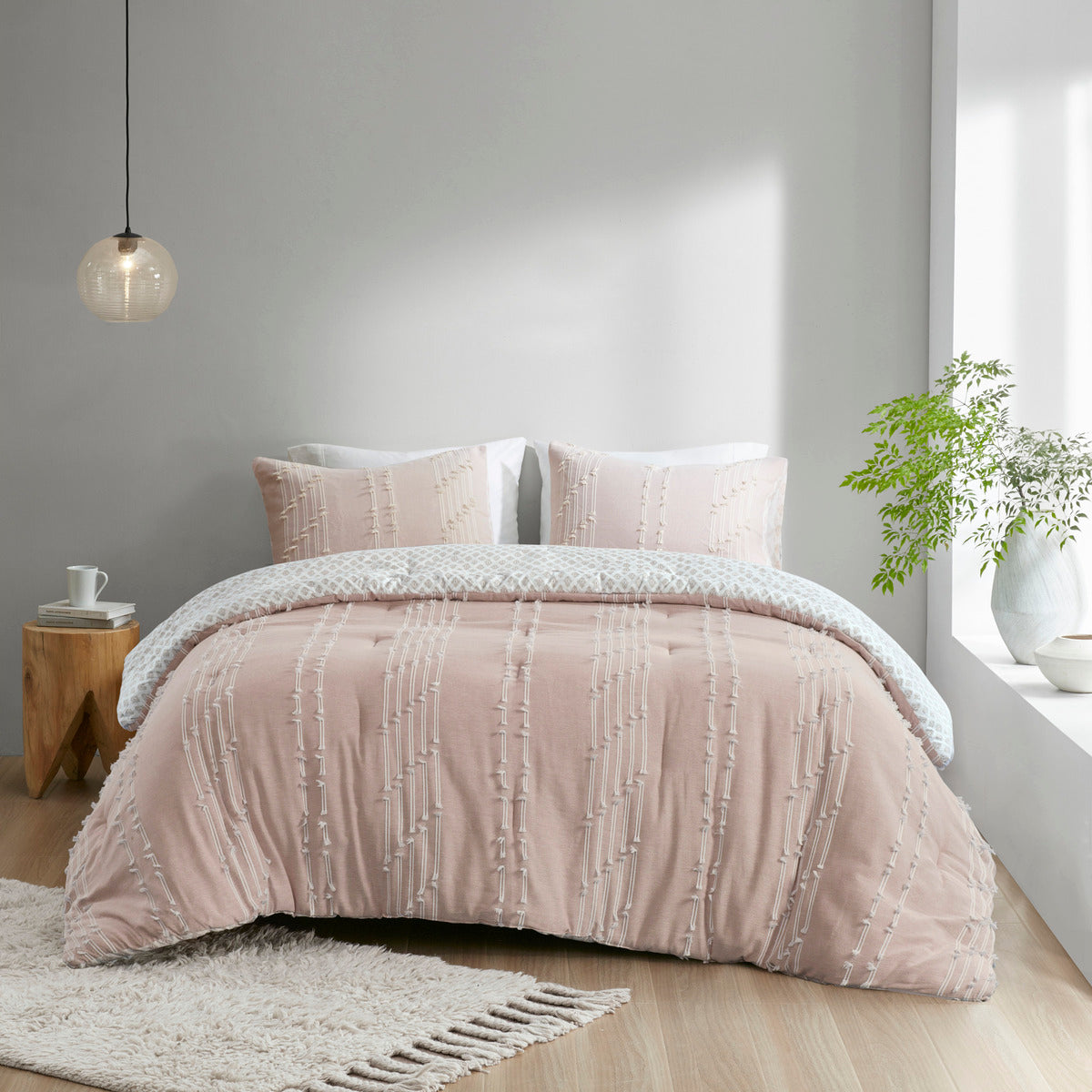 3 Piece Cotton Jacquard Comforter Set Blush Full Queen Queen Blush Cotton