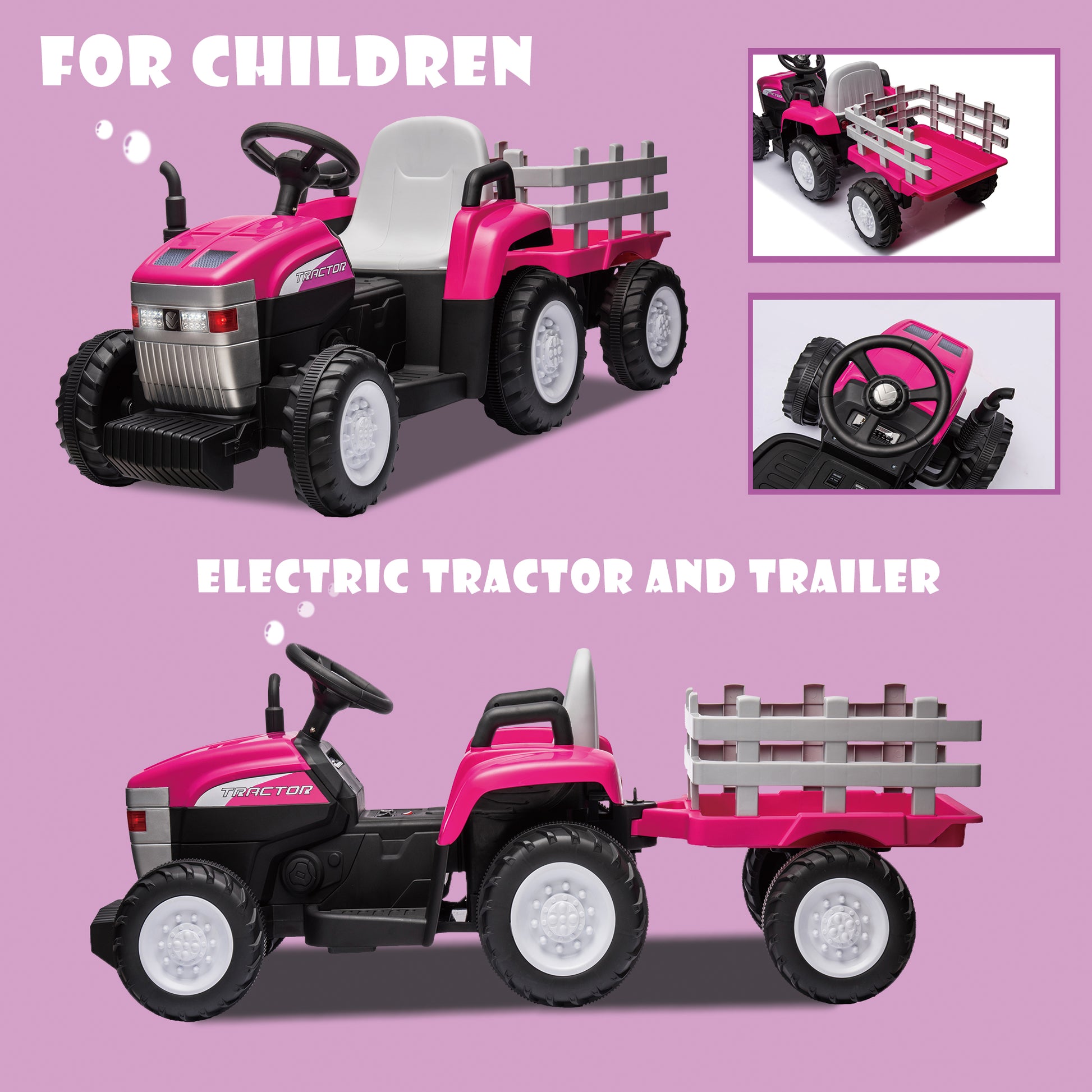 Pink, 12V7Ah Battery Powered Toy Tractor With Trailer, Remote Control, Kids' Electric Excavator Vehicles With 2X35W Dual Motor, Treaded Tires, Led Lights, Usb, Music, Safety Belt Gift Childrens Day