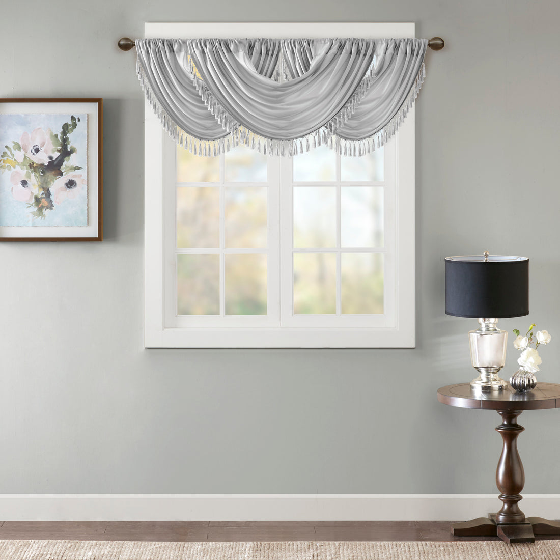Faux Silk Waterfall Embellished Valance Silver 38X46" Silver Polyester