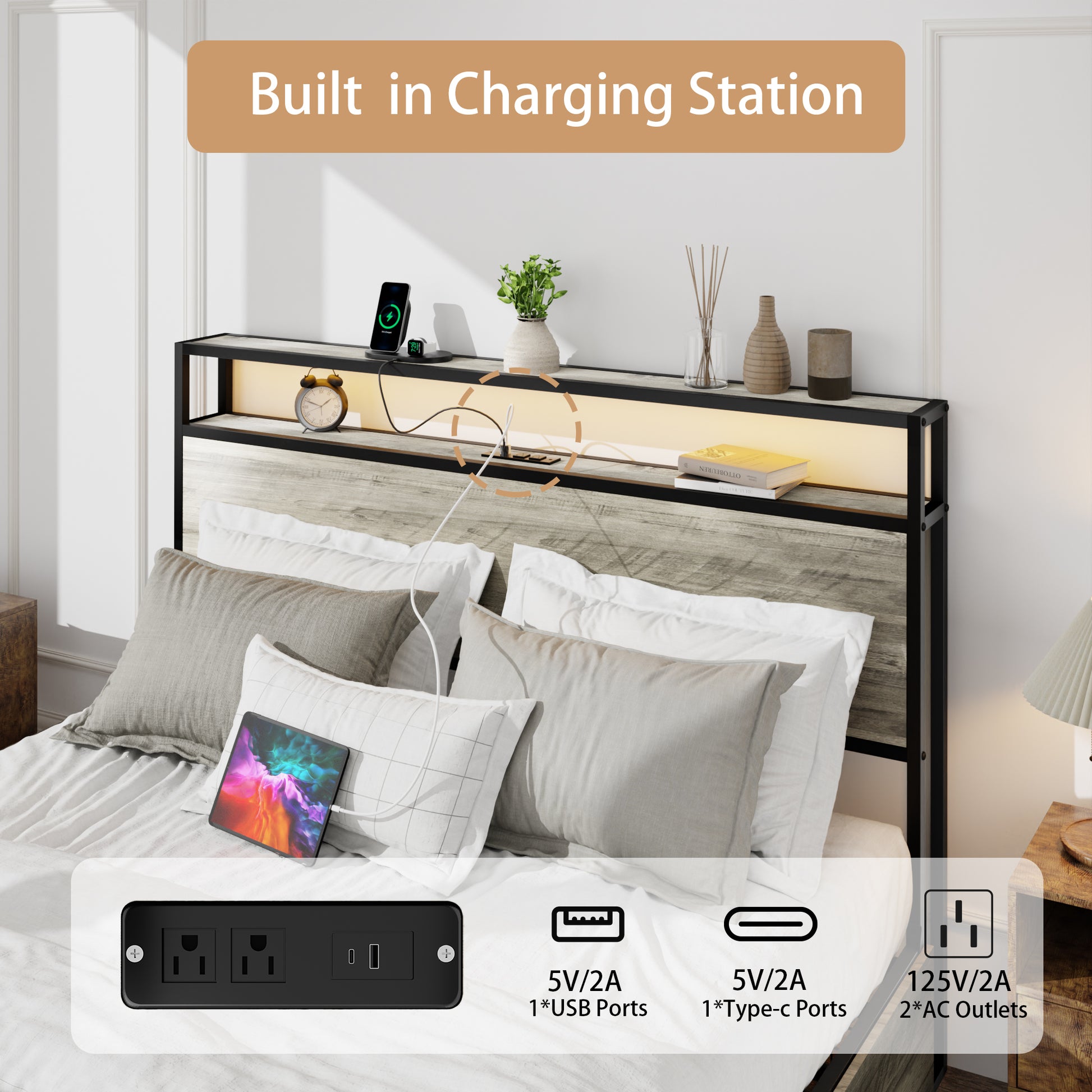 Queen Size Bed Frame With 4 Storage Drawers And 2 Usb Ports, Upholstered Platform Bed Frame With Storage Headboard Charging Station And Metal Slat Support, No Box Spring Needed, Dark Grey. Box Spring Not Required Queen Dark Grey Metal Bedroom Bed Frame