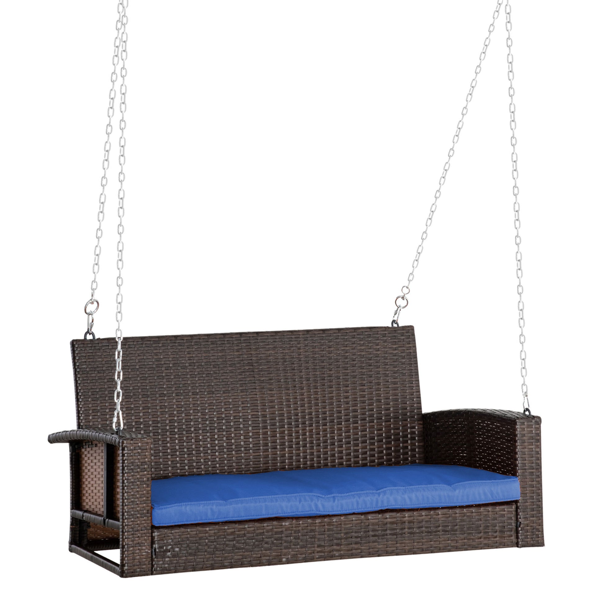 Outsunny 2 Person Wicker Hanging Swing Bench, Front Porch Swing Outdoor Chair With Cushions 550 Lbs. Weight Capacity For Backyard, Garden, Blue Blue Rattan Metal