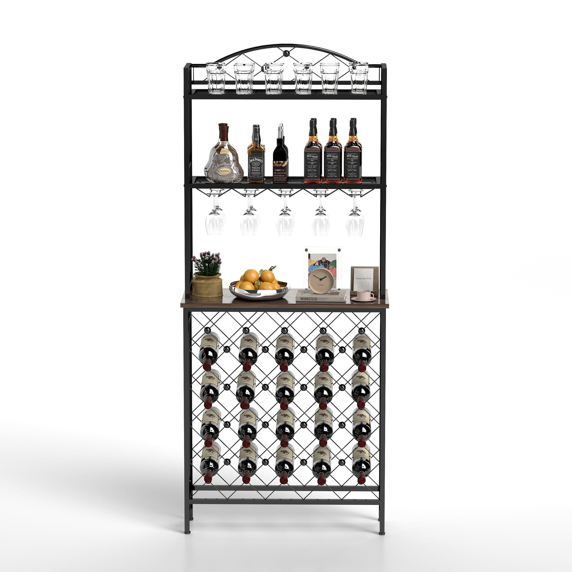 Industrial Wine Rack Bar Table, 3 Tier Liquor Bottle And Glass Holder With Storage Shelves, Metal And Wood Wine Organizer For Home Kitchen, Dining Room, And Living Room Black Brown Kitchen American