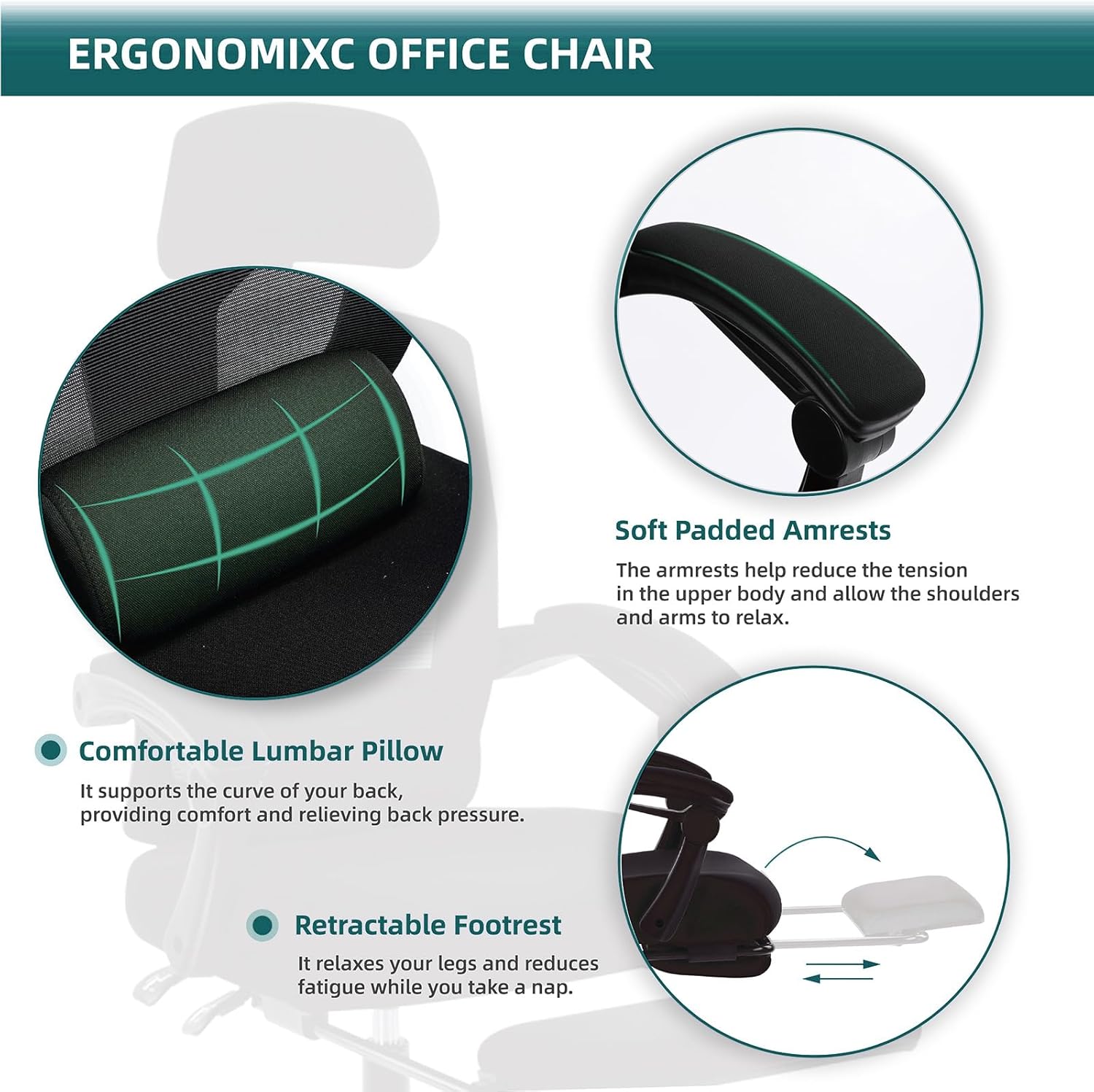 Retractable Footrest Ergonomic Swivel Office Chair With Lumbar Support Pillow And Padded Armrests, Black Black Metal