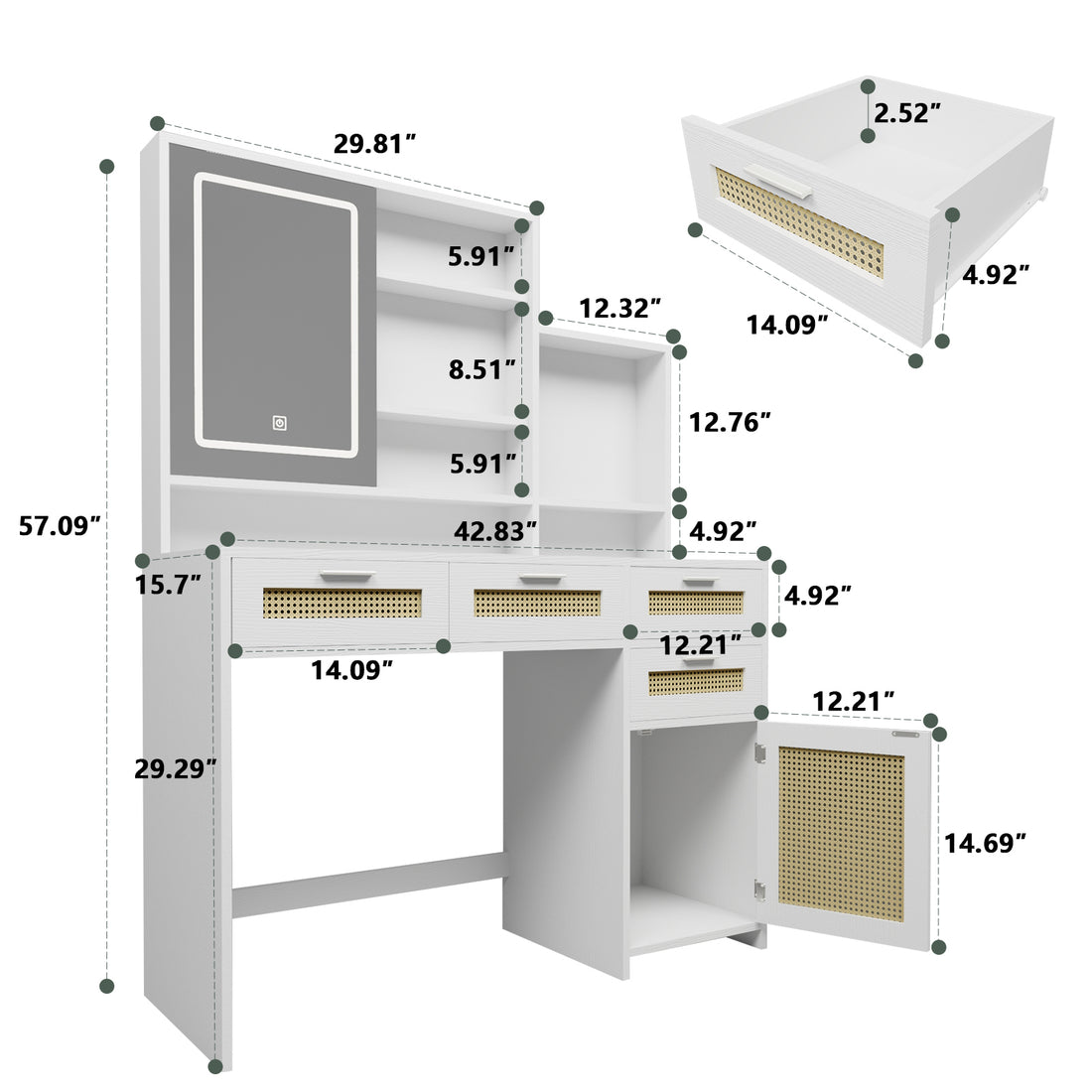 Makeup Vanity With Lights In 3 Colors & Openable Mirror, Vanity Desk With 4 Drawers & 1 Cabinets & Shelves, Vanity Table Rattan Vanity Dresser, For Bedroom Sliding White Drawer 3 Drawers Bedroom Extra Deep Drawers Mdf