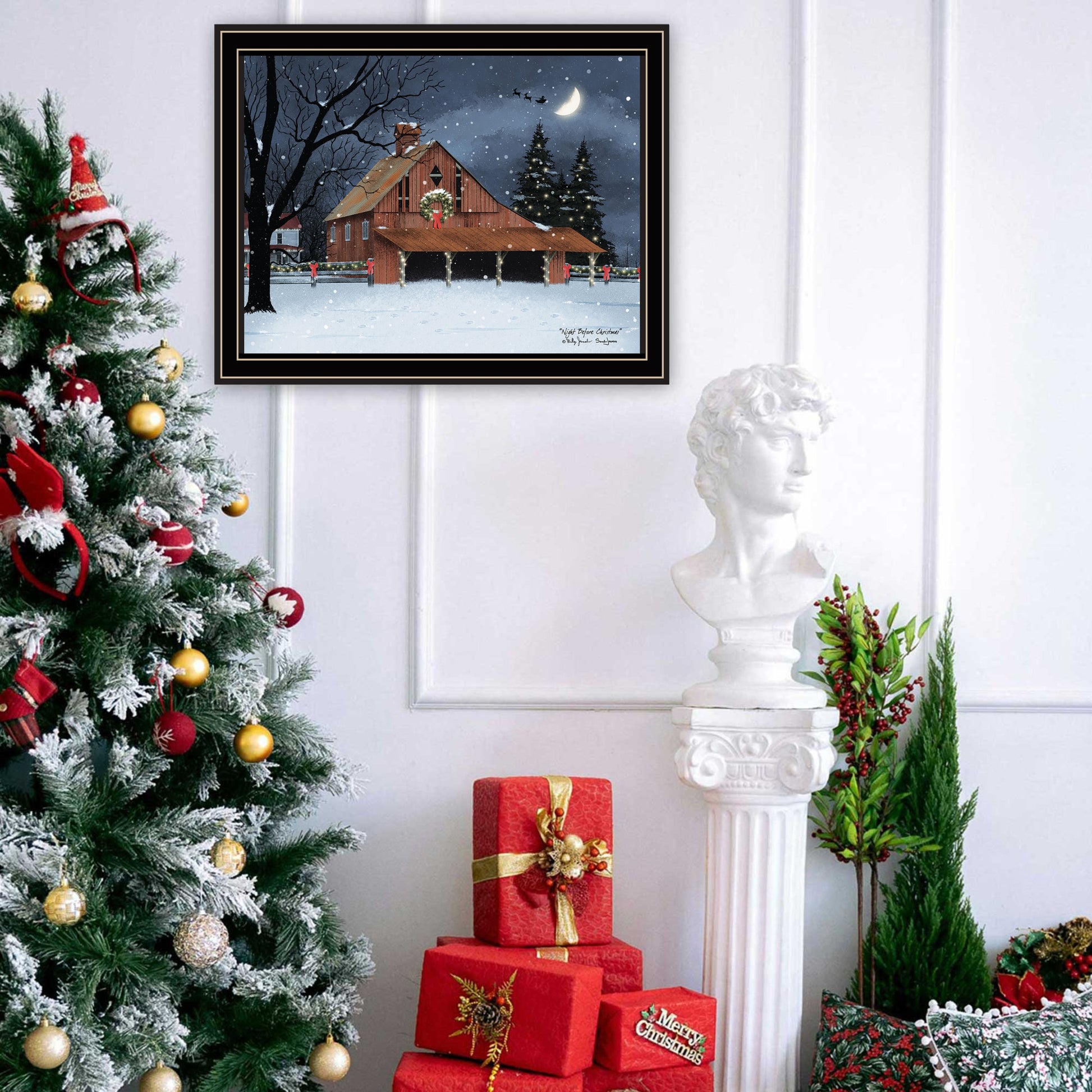 Night Before Christmas Black Framed Wall Art For Living Room, Bedroom Wall Art Print For Home Decor By Billy Jacobs Multi Wood Paper