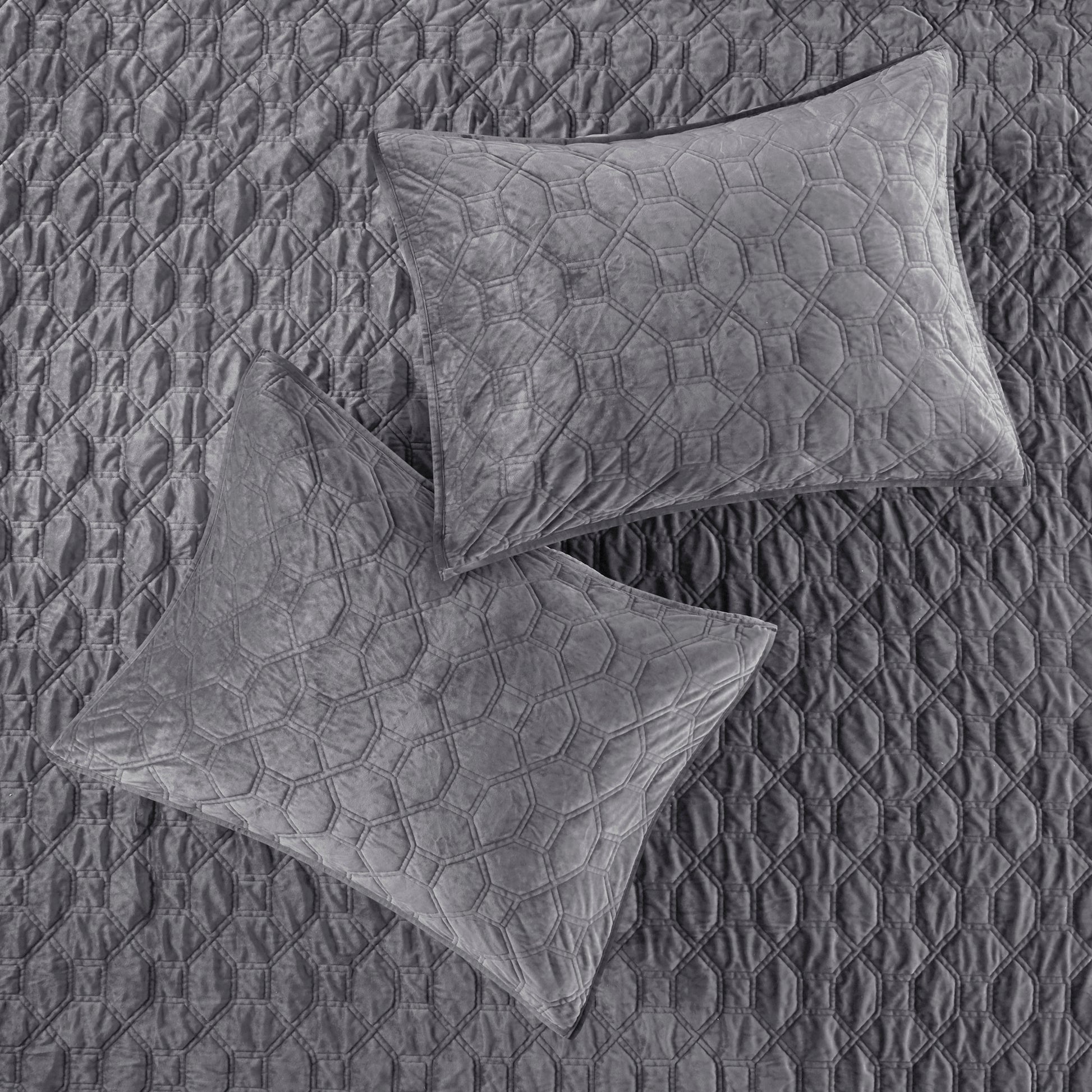 3 Piece Velvet Quilt Set Grey Full Queen Full Grey Cotton