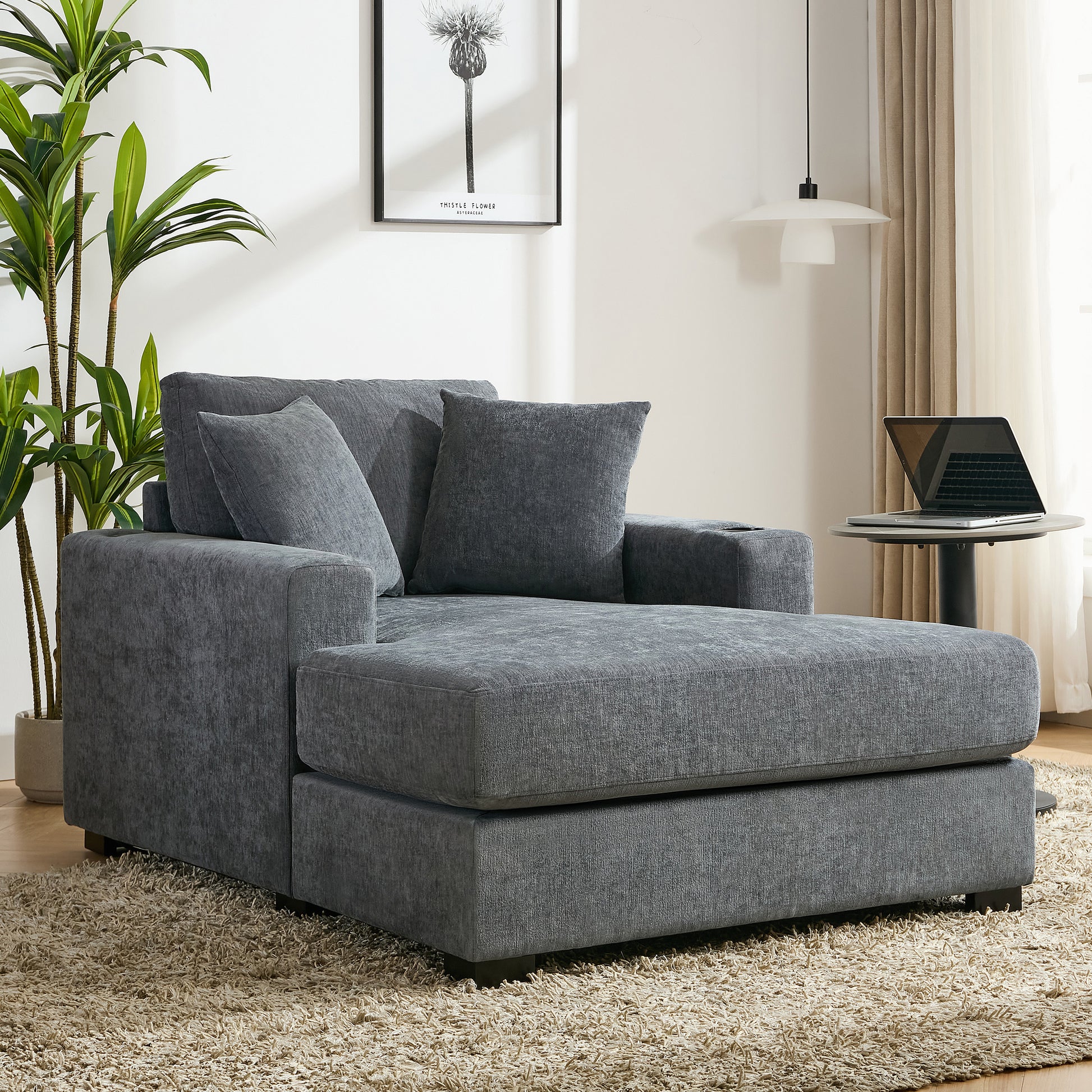 43.5" Oversized Chaise Lounger Modern Style Sofa Couch ,With Pillows, Charge Station & Cup Holders, Chenille Fabric, Blue Gray Blue Gray Chenille