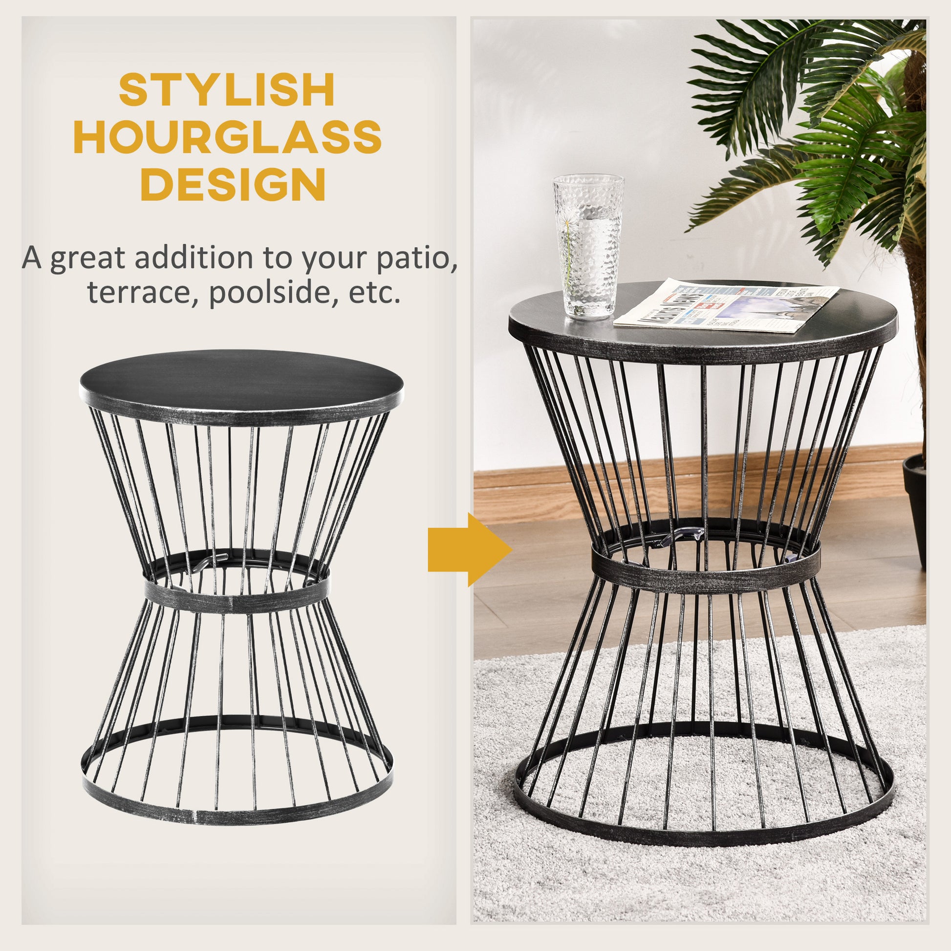 Outsunny 16" Steel Patio Side Table, Garden End Table With Hourglass Design, Accent Table For Outdoor And Indoor Use, Black Black Steel