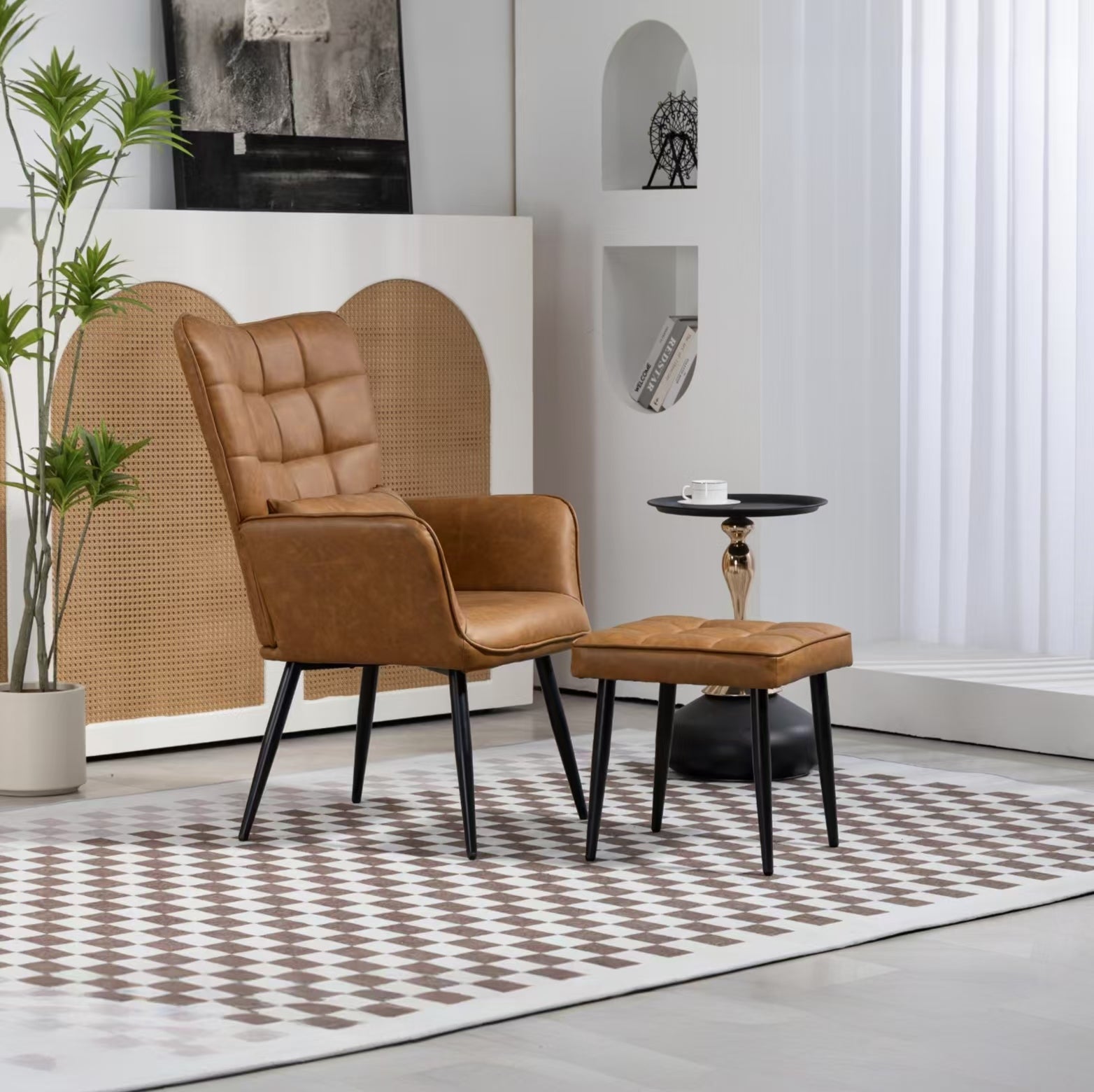 Pu Leather Accent Chair, Upholstered High Backrest Arm Chair With Solid Metal Legs, Tufted Button Design Reading Chair, Sofa Chair For Bedroom, Living Room, Office, Brown Brown Bedroom Casual Foam Pu Leather