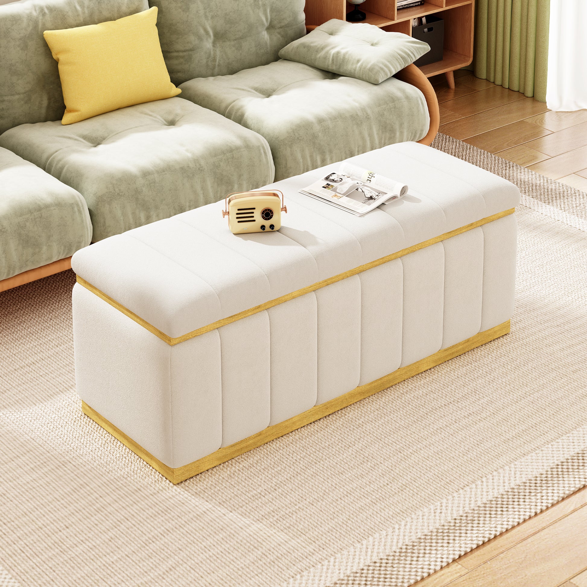 Linen Fabric Upholstered Solid Wood Frame Bench With Large Storage Space For The Living Room, Entryway And Bedroom,Beige, 40''X16''X17'' Beige Wood Oak Rectangle Internal Storage Fabric