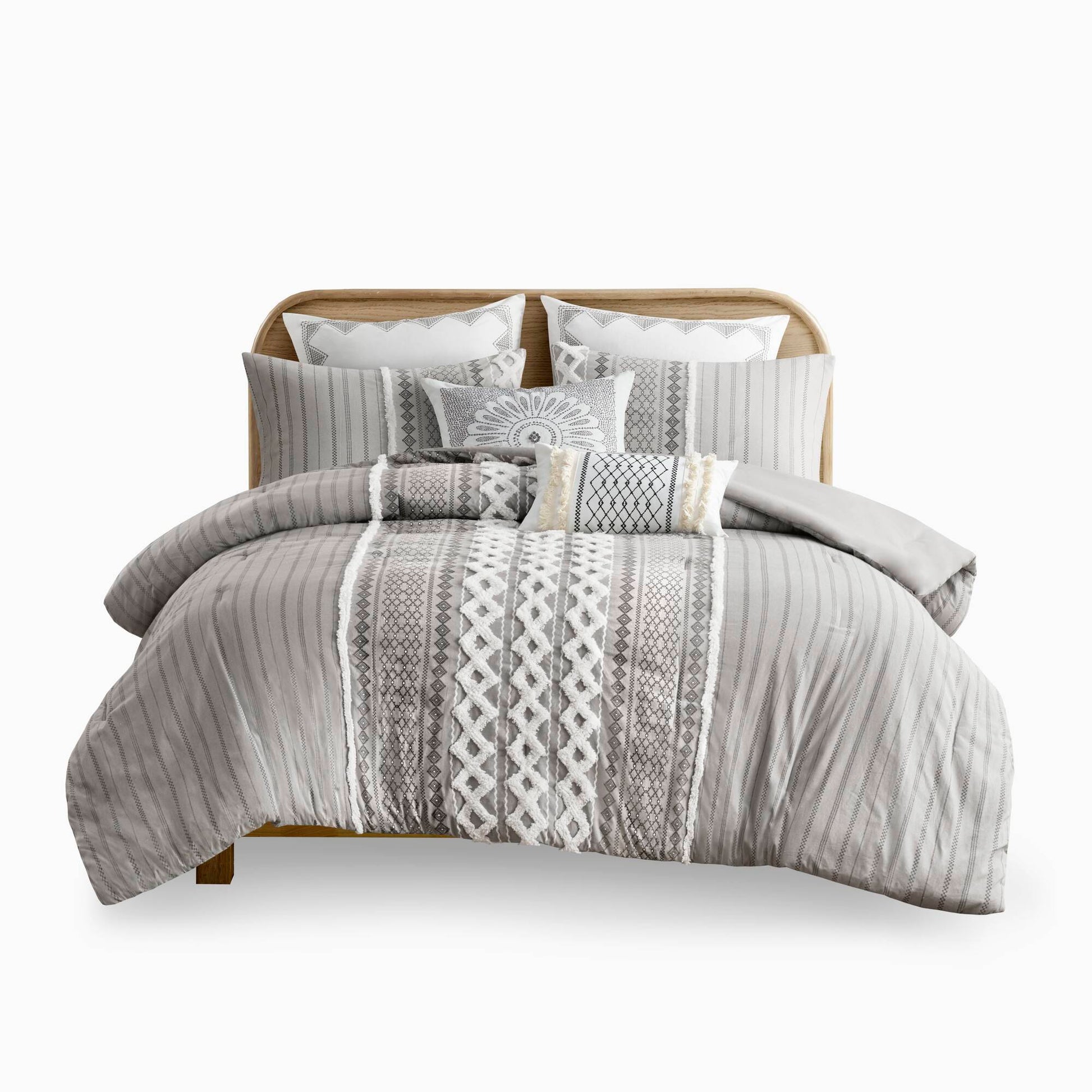 Cotton Printed Comforter Set With Chenille Gray Full Queen Queen Gray Cotton