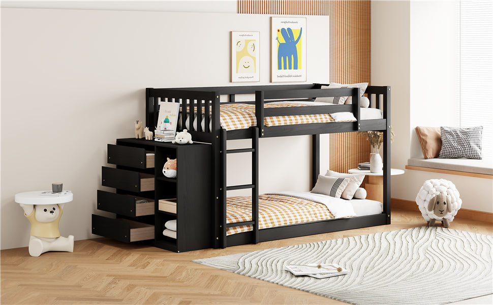 Twin Over Twin Bunk Bed With 4 Drawers And 3 Shelves Espresso Twin Espresso Solid Wood
