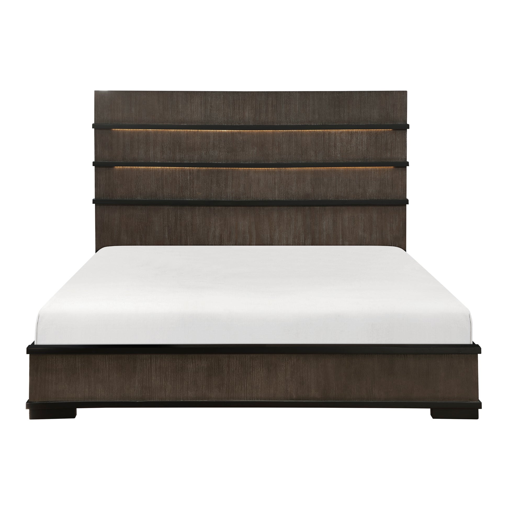 Two Tone Brown Black Finish Led Headboard King Bed 1Pc Modern Industrial Design Bedroom Furniture Box Spring Required King Black,Brown Gray Wood Bedroom Bed Frame Wood