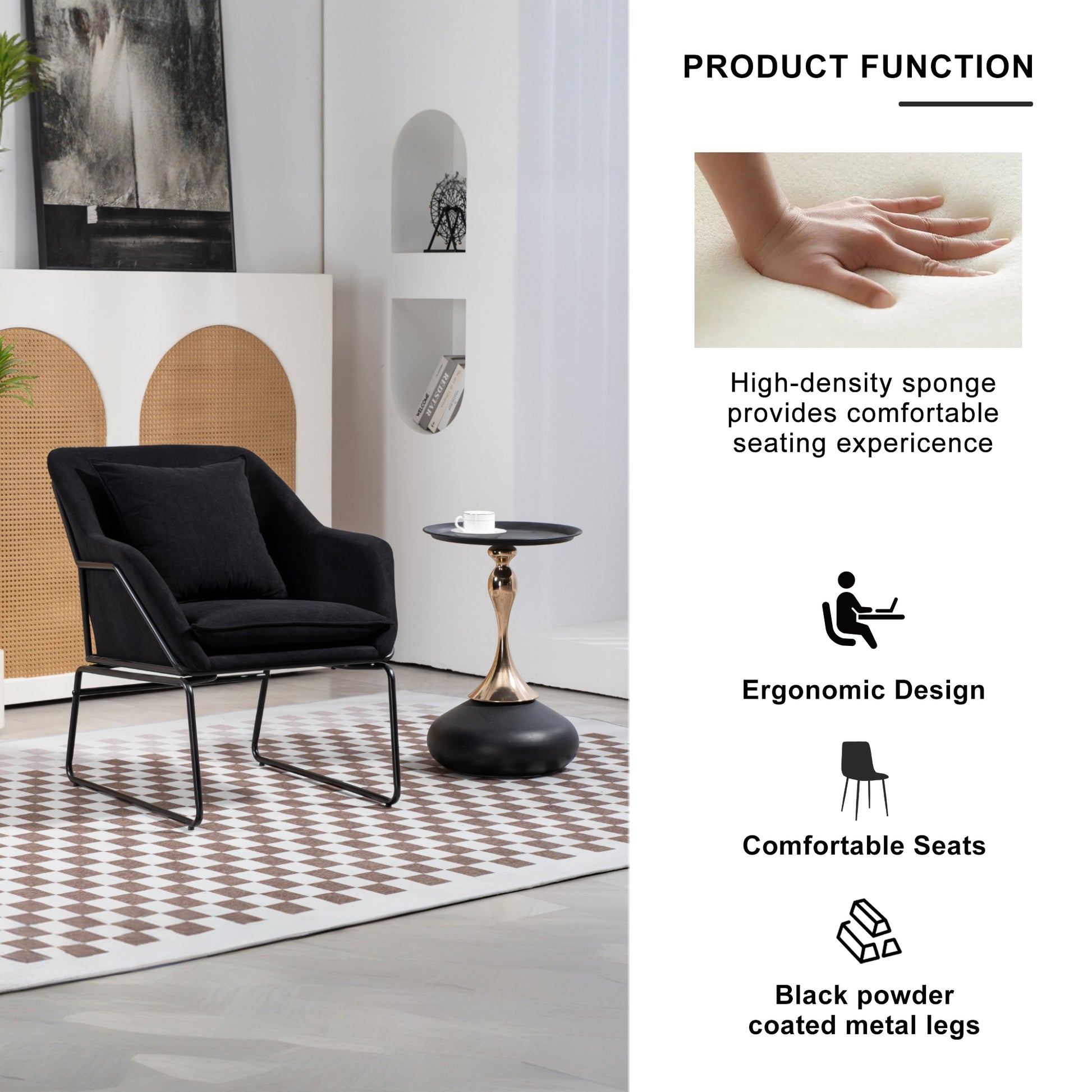 Modern Velvet Desk Chair ,Metal Legs Upholstered Accent Arm Chair For Living Room Bedroom Small Spaces Home Office,Black Black Dining Room Foam Velvet