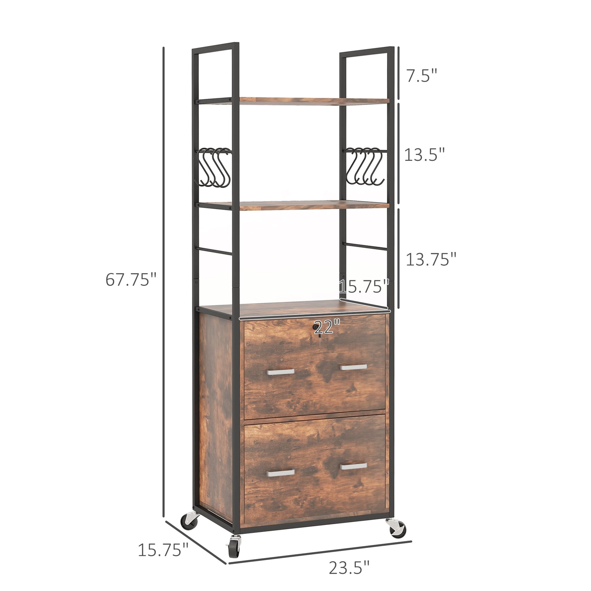 Vinsetto 2 Drawer Mobile File Cabinet With Lock & Hanging Bar, Rustic Brown Rustic Brown Particle Board