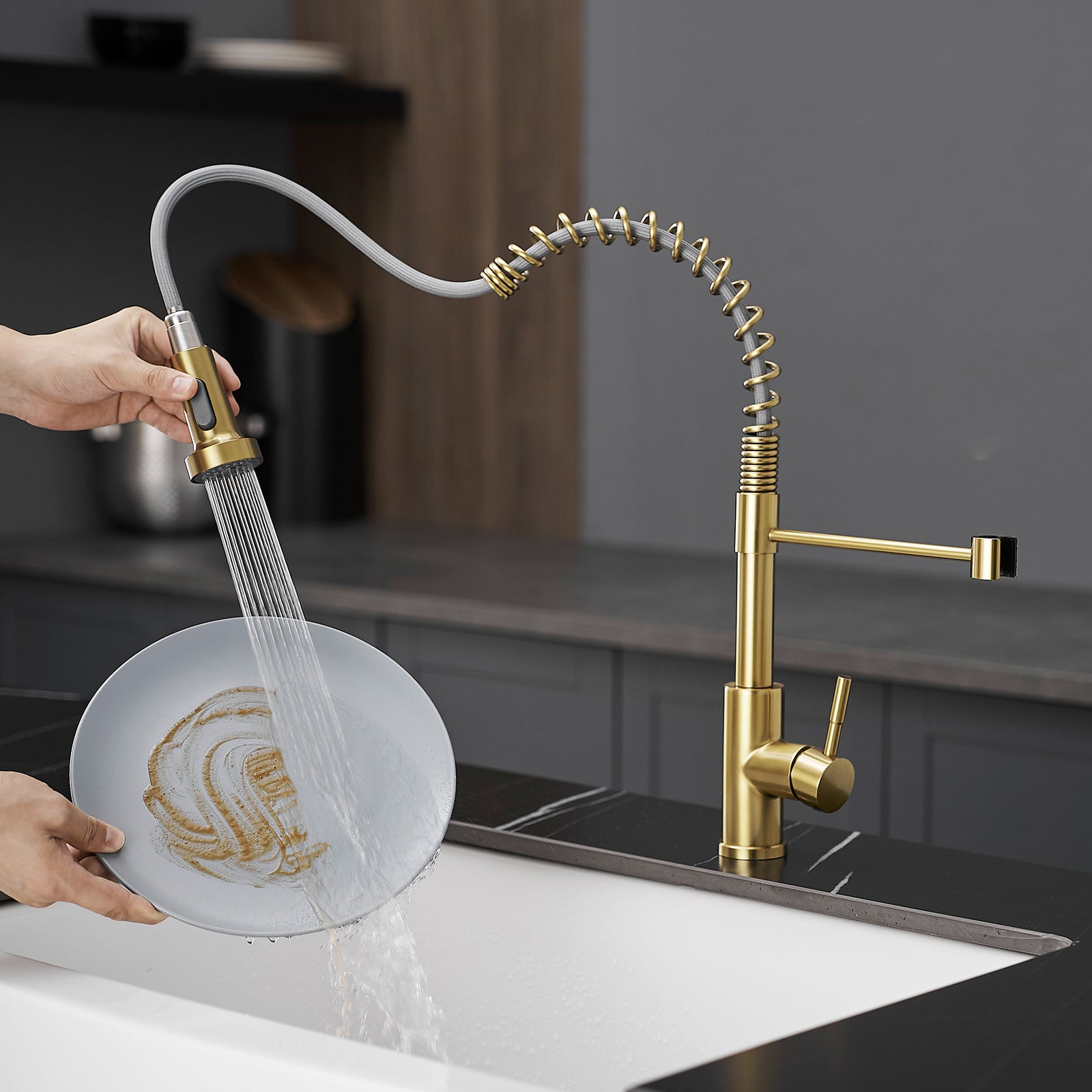 Kitchen Faucet With Pull Down Sprayer Brushed Gold Stainless Steel Single Handle Pull Out Spring Sink Faucets Brushed Gold Kitchen Classic,Contemporary,Modern Ceramic Stainless Steel