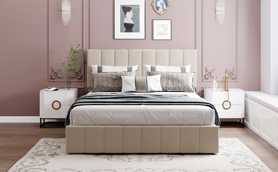 Queen Size Upholstered Platform Bed With A Hydraulic Storage System Beige Old Sku: Lp000211Aaa Beige Upholstered