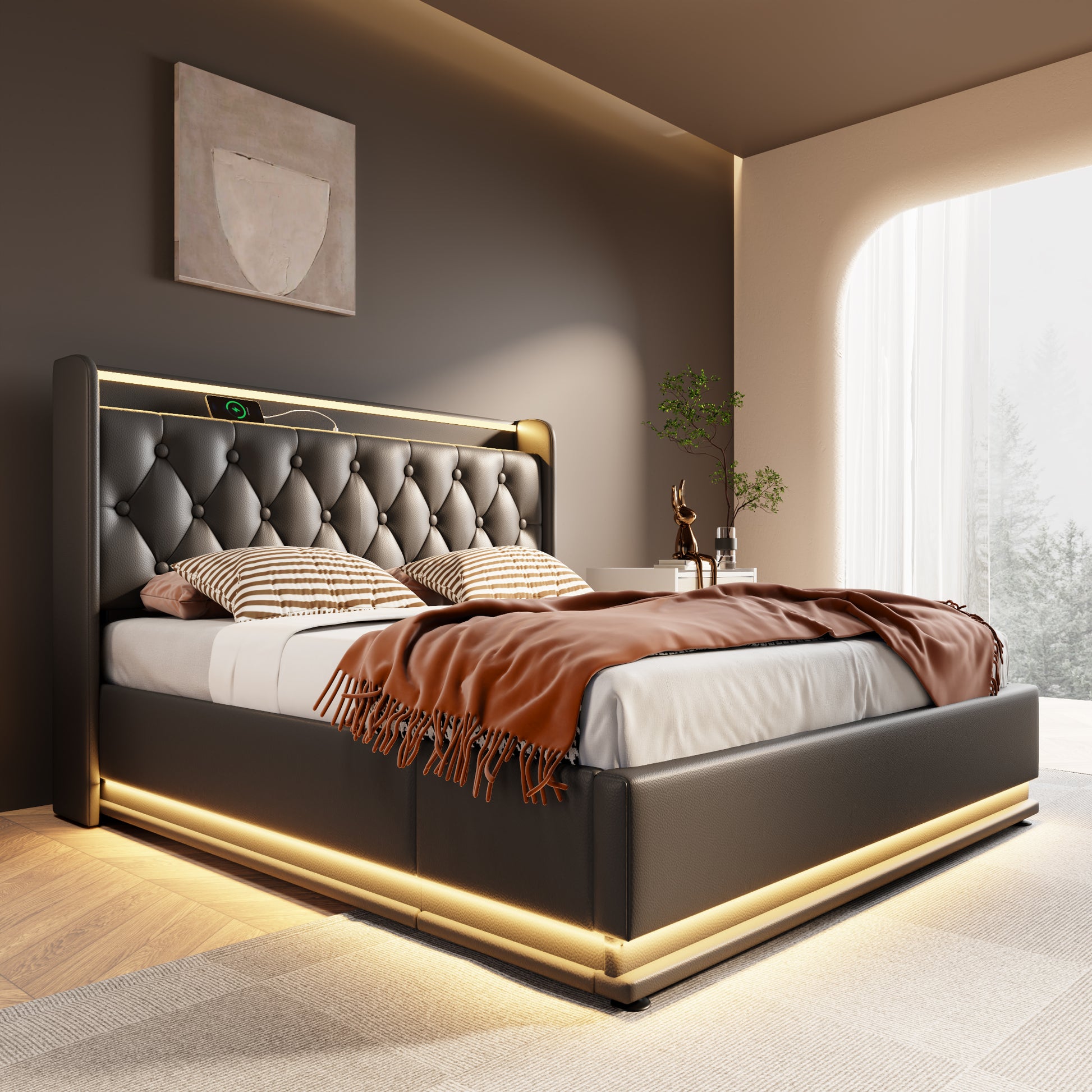 Full Size Upholstered Bed, 360 Surround Led Function, Buttons Apps Remote Control, Hydraulic Storage Bed With Usb Type C Charging, Black,Pu Without Mattress Full Black Pu