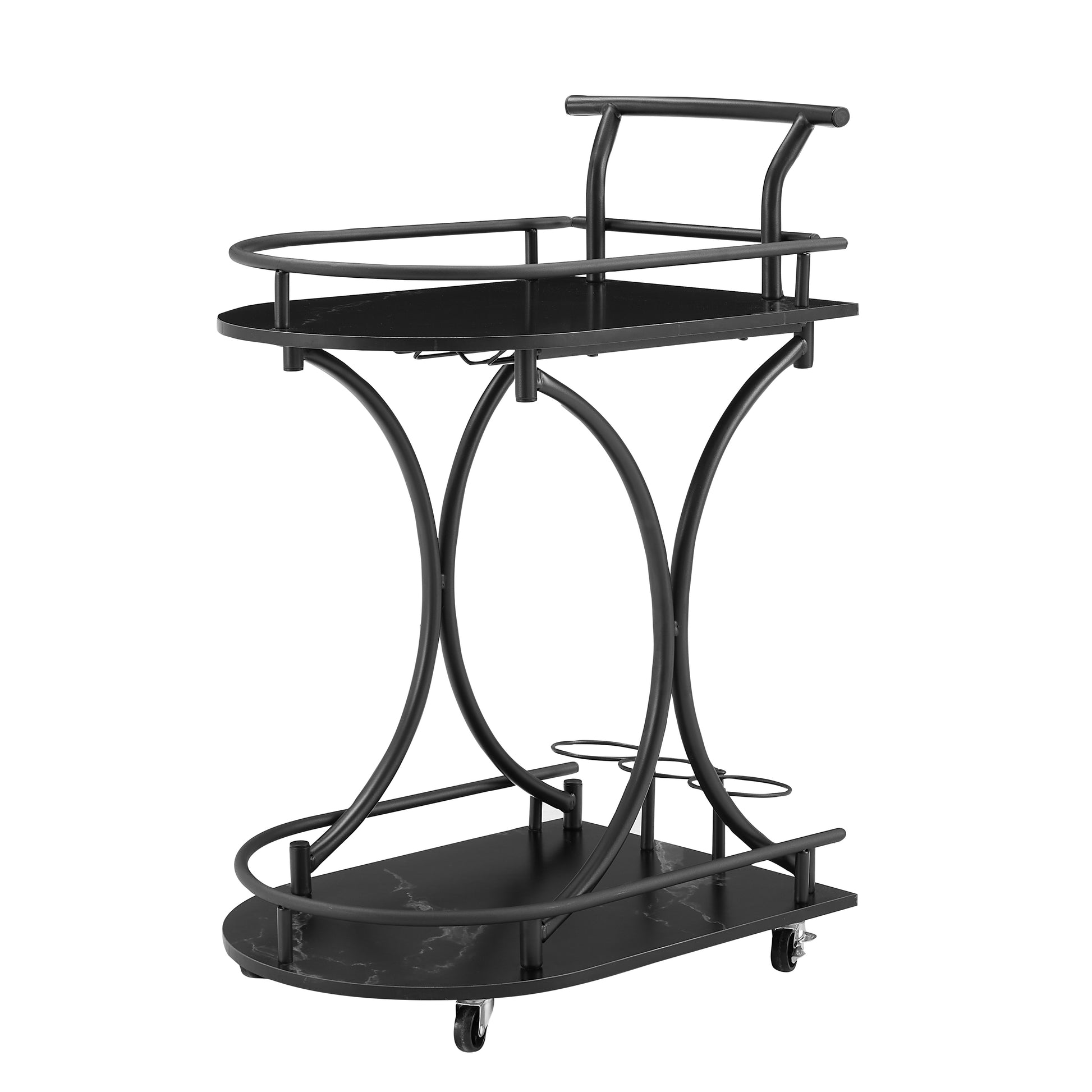 Black 2 Tier Bar Cart, Slide Bar Serving Cart, Retro Style Wine Cart For Kitchen, Beverage Cart With Wine Rack And Glass Holder, Rolling Drink Trolley For Living Room, Dining Room Black Metal Metal & Wood