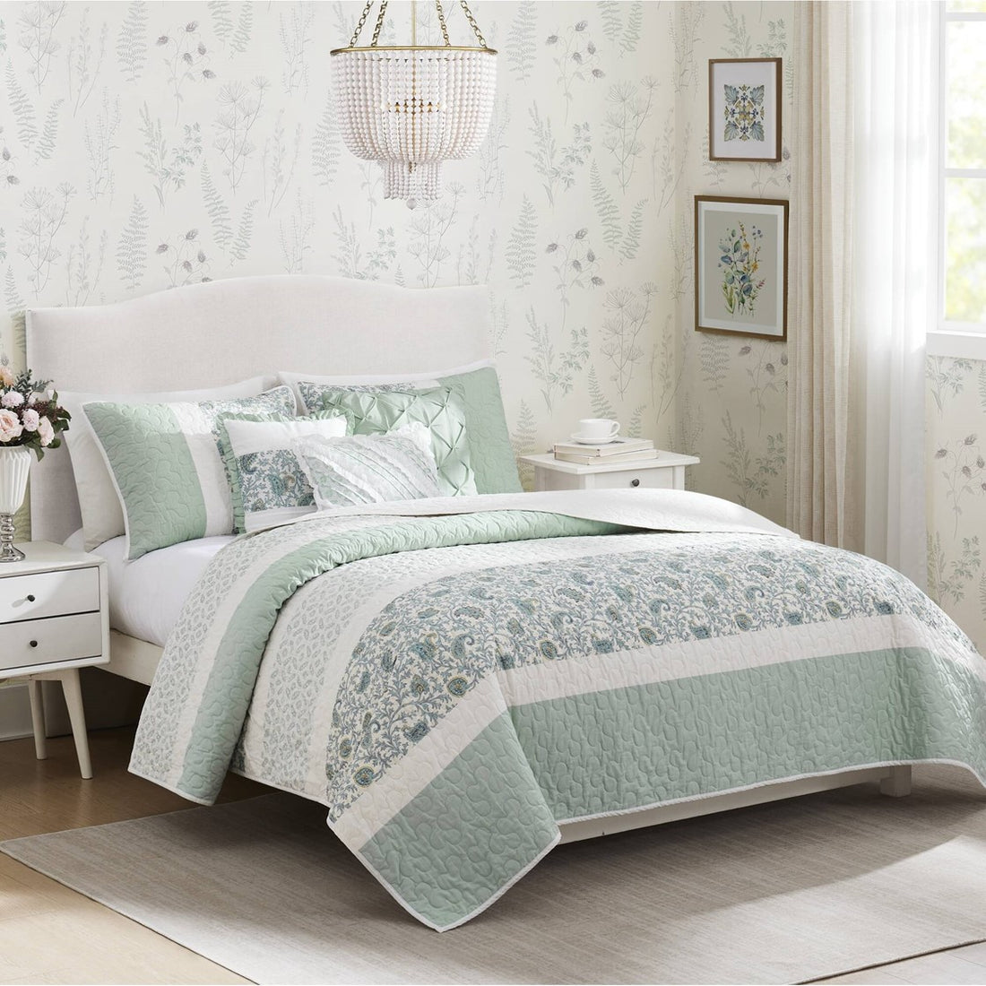 6 Piece Cotton Percale Quilt Set With Throw Pillows Aqua Full Queen Full Aqua Polyester
