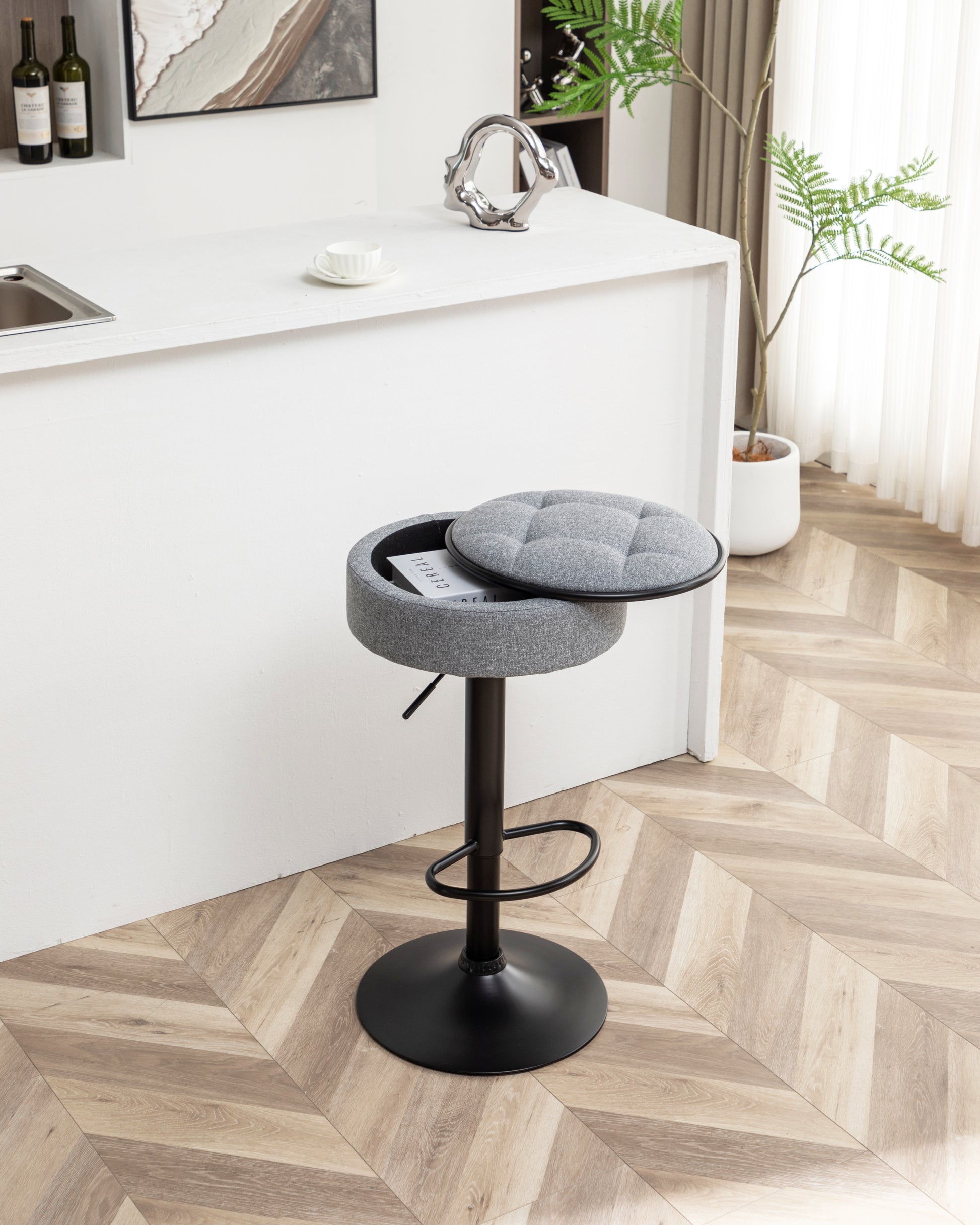 Round Storage Bar Stool Set Of 2, Grey Linen Height Adjustable Barstool, 360 Counter Height Swivel Stool, Armless Bar Chair With Metal Frame For Kitchen Counter Dining Living Room Grey Set Of 2 Foam Linen