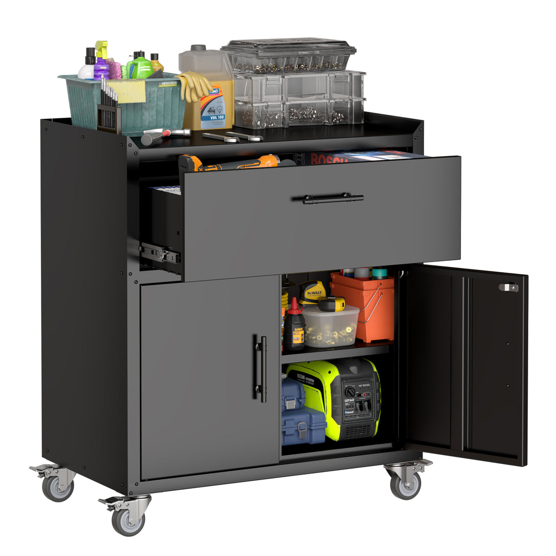 2 Door 1 Drawer Tool Cabinets For Garage, Lockable Garage Storage Cabinet, Locking Metal Storage Cabinet With Wheels, Rolling Tool Chest, Assembly Required H35.4*W30.3*D18 Black American