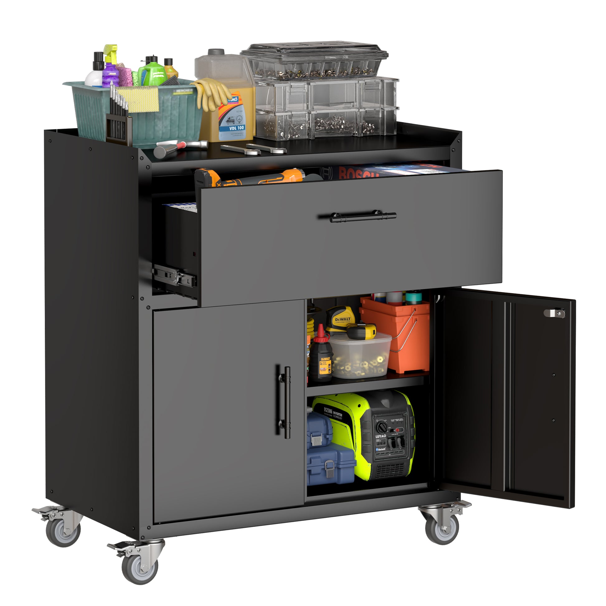 2 Door 1 Drawer Tool Cabinets For Garage, Lockable Garage Storage Cabinet, Locking Metal Storage Cabinet With Wheels, Rolling Tool Chest, Assembly Required H35.4*W30.3*D18 Black American