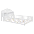 Full Size Floor Beds With Bookcases And Blackboards, Versatile Platform Beds With Guard Rails, Solid Wood Floor Beds With Storage Headboards, Floor Beds For Kids And Teens White Full White Plywood