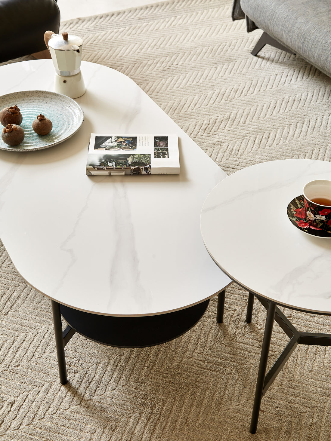 Coffee Table Ceramic Coffee Table, Mdf Painting Double Layer Coffee Table For Living Room, White Ceramic And Coffee Brown Bottom Shelf Black White Ceramic Mdf