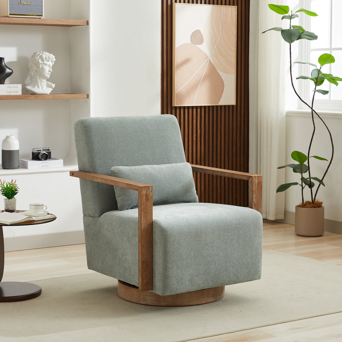 30.3"W Swivel Modern Upholstered Accent Chair With Solid Wood Armrests And 360 Degree Comfy Lounge Reading Chair, Side Armchair For Hotel, Bedroom, Living Room, Office, And Nursery Room.Pale Green Pale Green Linen Blend