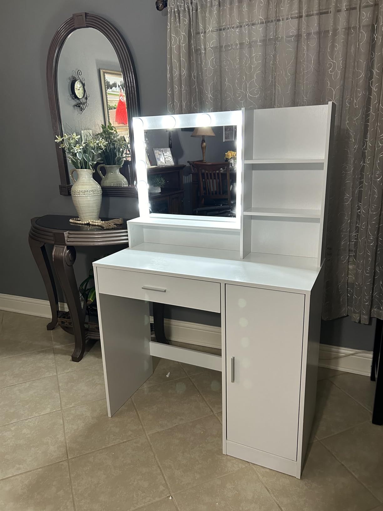 Vanity Desk With Mirror & Light, Large Drawer Three Level Storage Dresser, 3 Lighting Modes Adjustable Brightness, Bedroom Dressing Table White White Particle Board