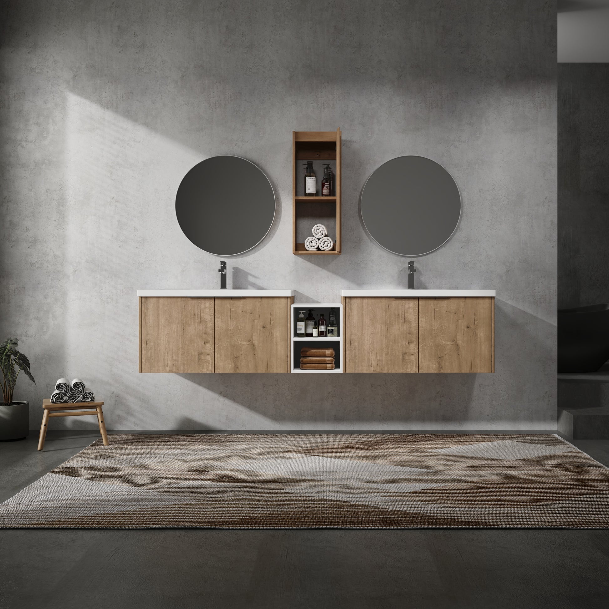 84" Wall Mounted Bathroom Vanity With Sink And Side Cabinet, Soft Close Doors,00112Imo 00636Imox2 0612Gwh Combination Cabinet Kd Packing Imitative Oak Bathroom Modern Plywood Plywood