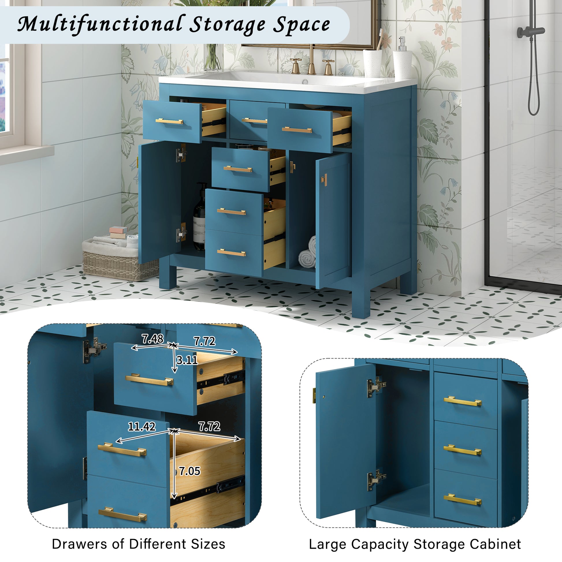 36'' Bathroon Vanity With Resin Sink Combo Set,Modern Freestanding Single Bathroom Cabinet With 4 Drawers & 2 Cabinets,Storage Cabinet For Bathroom, Solid Wood Frame Vanity Set Same As Sw000130Aac