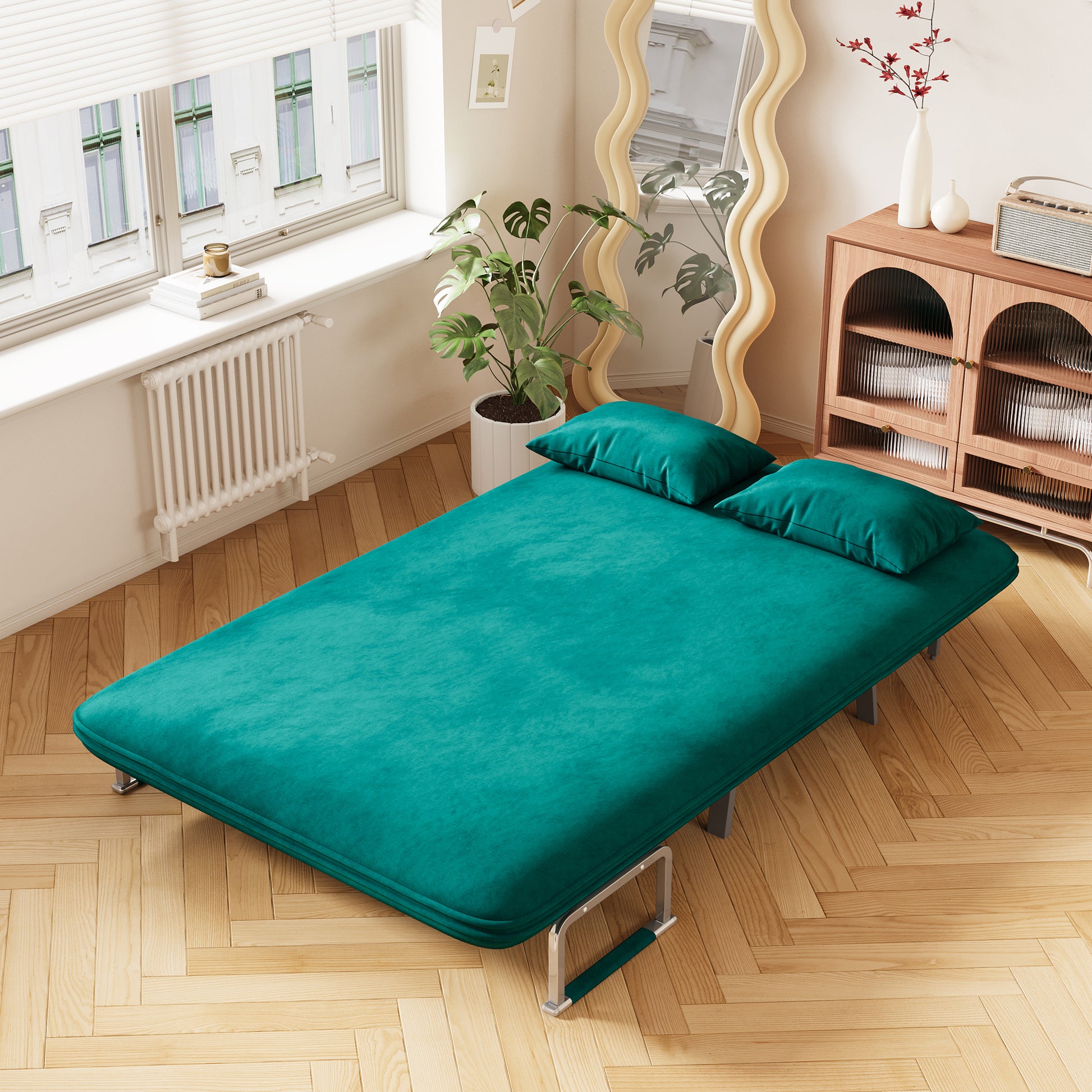 39 Convertible Chair Bed, Tri Fold Sofa Bed With Adjustable Backrest & Pillow, Leisure Chaise Lounge Couch With Sturdy Steel Frame For Home & Office, Comfortable Sleeper Chair Antique Green Antique Green Velvet Primary Living Space Medium Firm