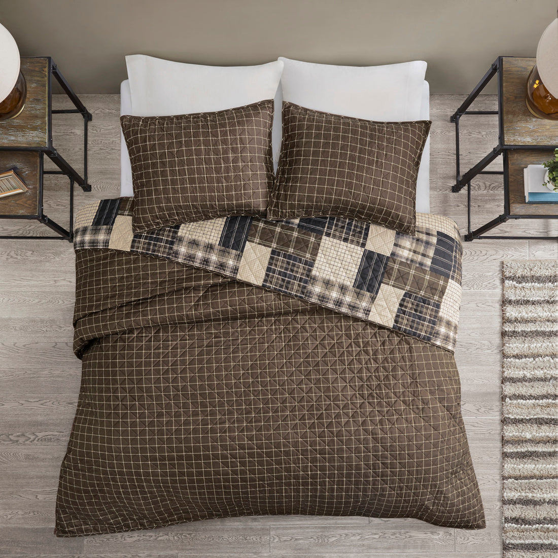 3 Piece Reversible Printed Quilt Set Black Brown Full Queen Black Brown Microfiber