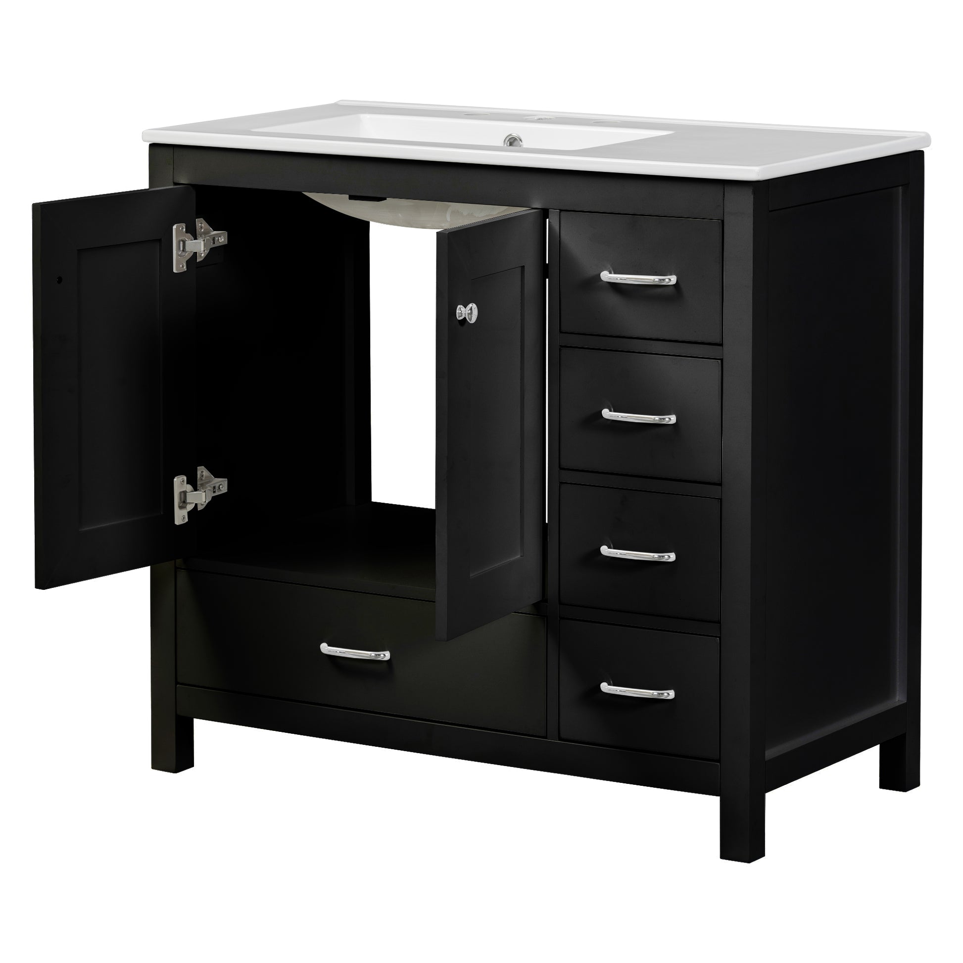 36" Black Bathroom Vanity With Ceramic Sink Combo, Abundant Storage Cabinet 2 Soft Close Doors And 5 Drawers Black Bathroom Solid Wood Mdf