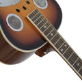 Beginner Metal Resonator Guitar, Full Size Circular Neck Traditional Resonator, Built In Preamplifier Black Brown Wood