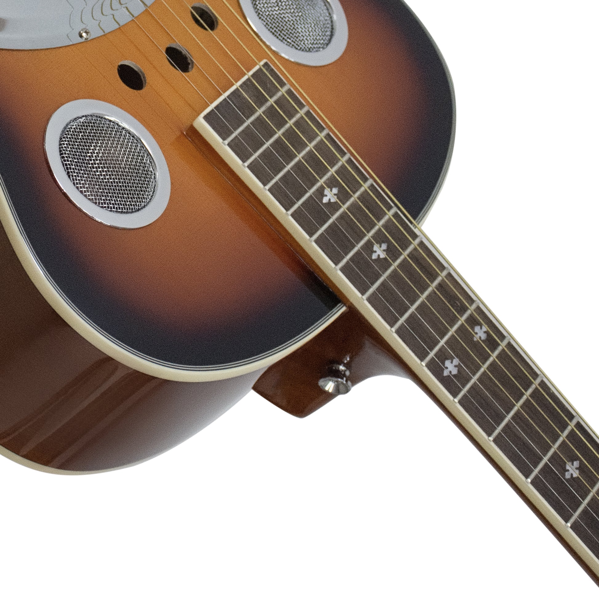 Beginner Metal Resonator Guitar, Full Size Circular Neck Traditional Resonator, Built In Preamplifier Black Brown Wood