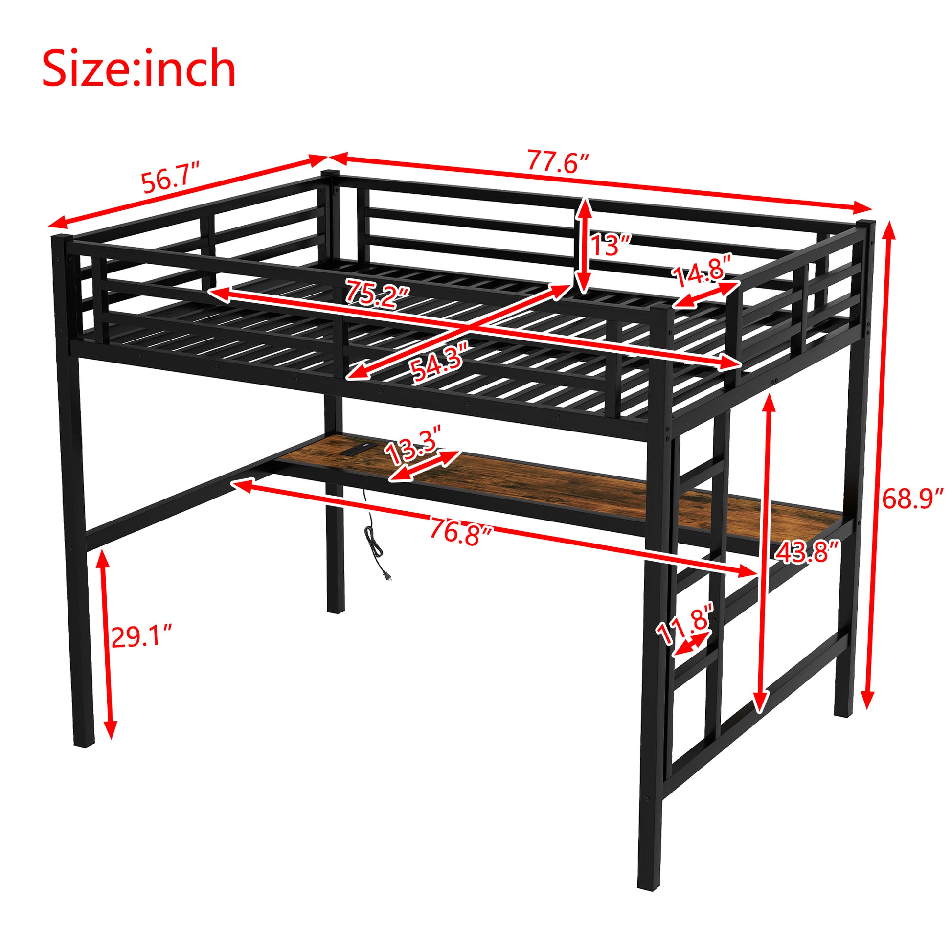 Metal Full Size Loft Bed With Power Outlet And Led Lighted, Space Saving, Noise Reduced, Black Full Black Metal