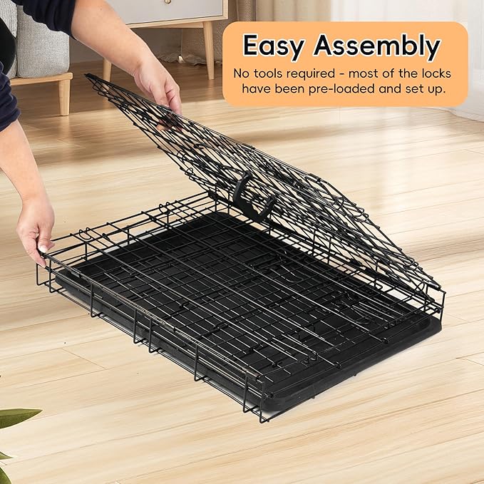 Folding Metal Wire Dog Crate, 24 Inch Durable, Foldable, Collapsible Double Door Dog Crate With Removable Leak Proof Pan, Portable Dogs Crate With Divider, Black Black Iron