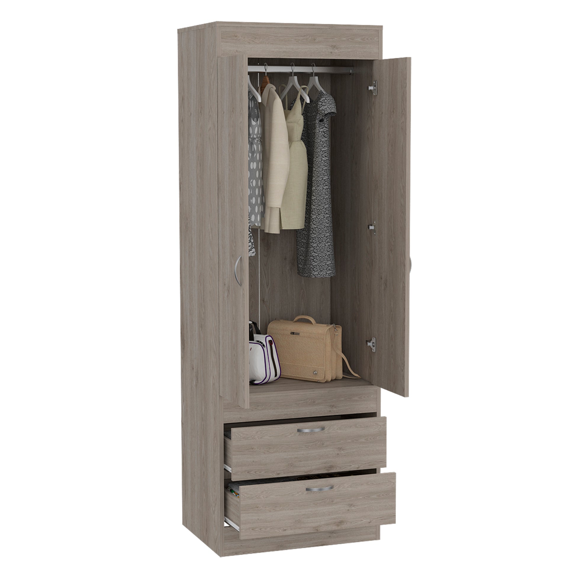 Armoire, Double Door Cabinet, Two Drawers, Metal Handles, Rod, Light Gray Light Gray Solid Wood Mdf Engineered Wood
