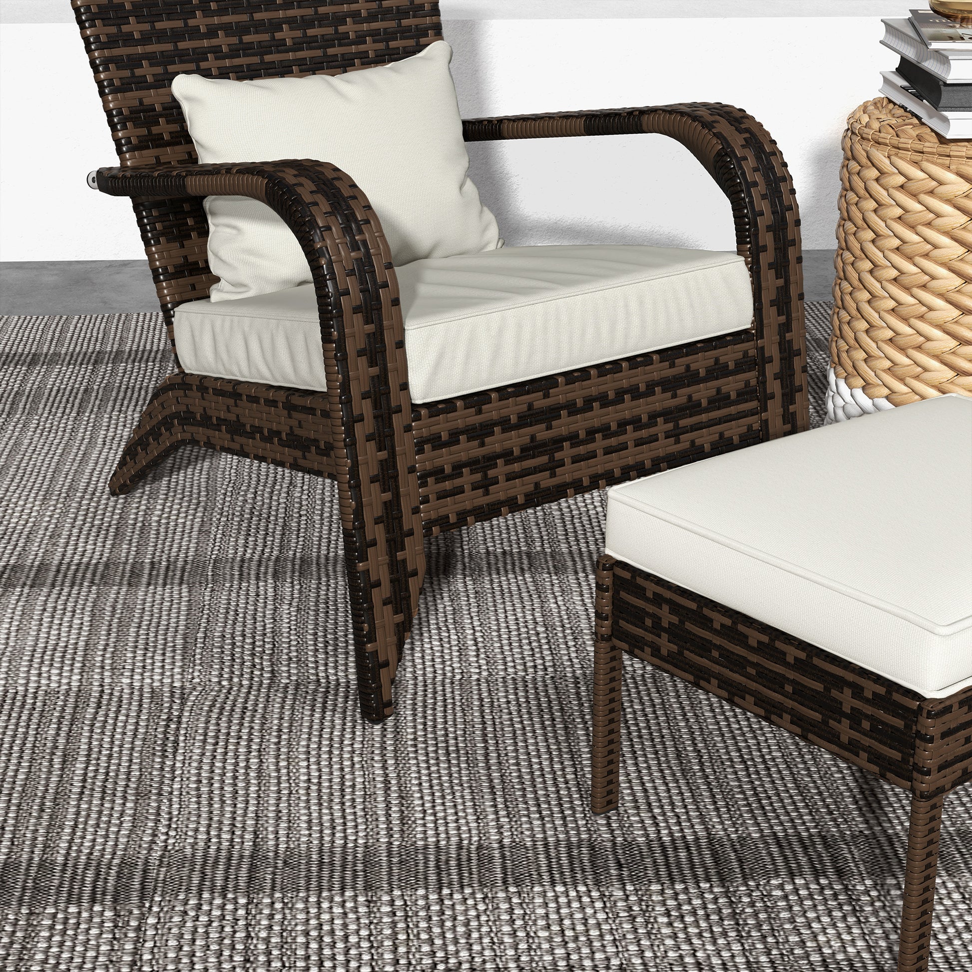 Outsunny Patio Wicker Adirondack Chair With Ottoman, Outdoor Fire Pit Chair With Cushions, High Back, Large Seat & Armrests For Deck, Garden & Backyard, Cream White White Steel