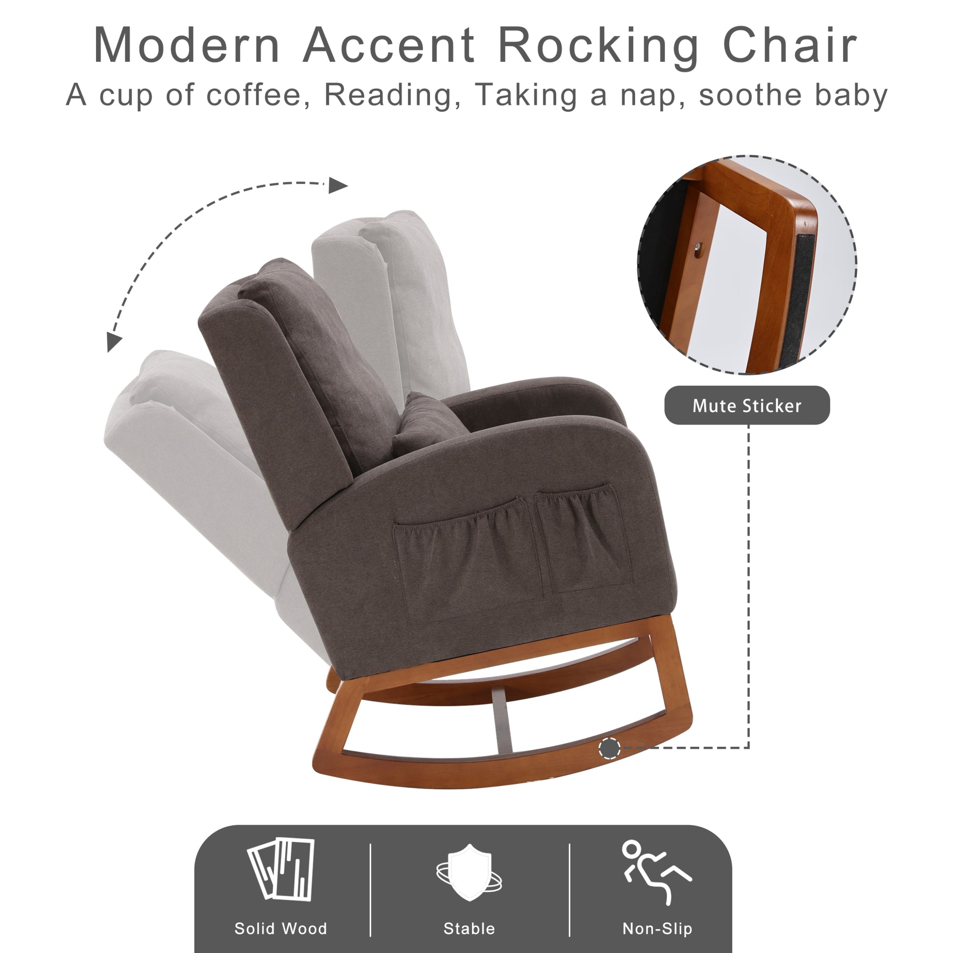 Modern Accent Rocking Chair, Nursery Glider Rocker Arm Chair W 2 Side Pockets, Rocking Chair Indoor For Living Room Bedroom Dark Grey Rectangular Rocking Chairs Solid Back Wood Fabric